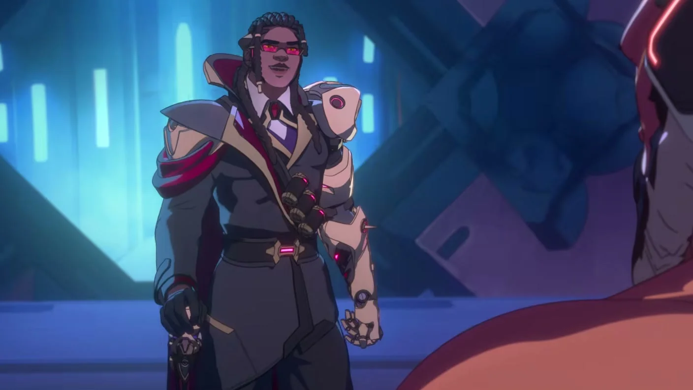 Doctrine stands in a tailored black-and-white armored suit with pink glasses and a scepter.