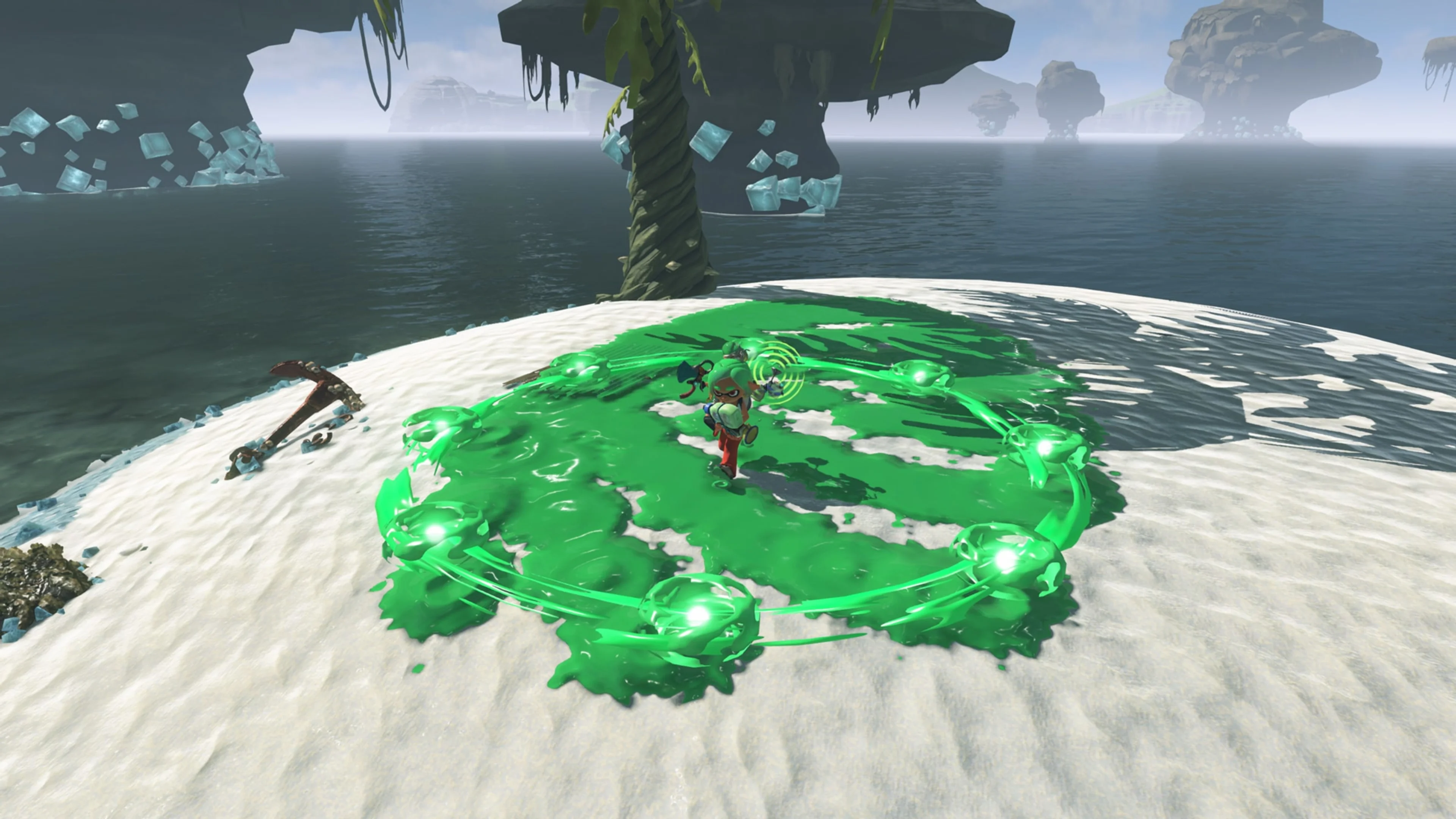 A Splatoon Raiders mechanic uses a ring of green gadgets during a battle on an island.