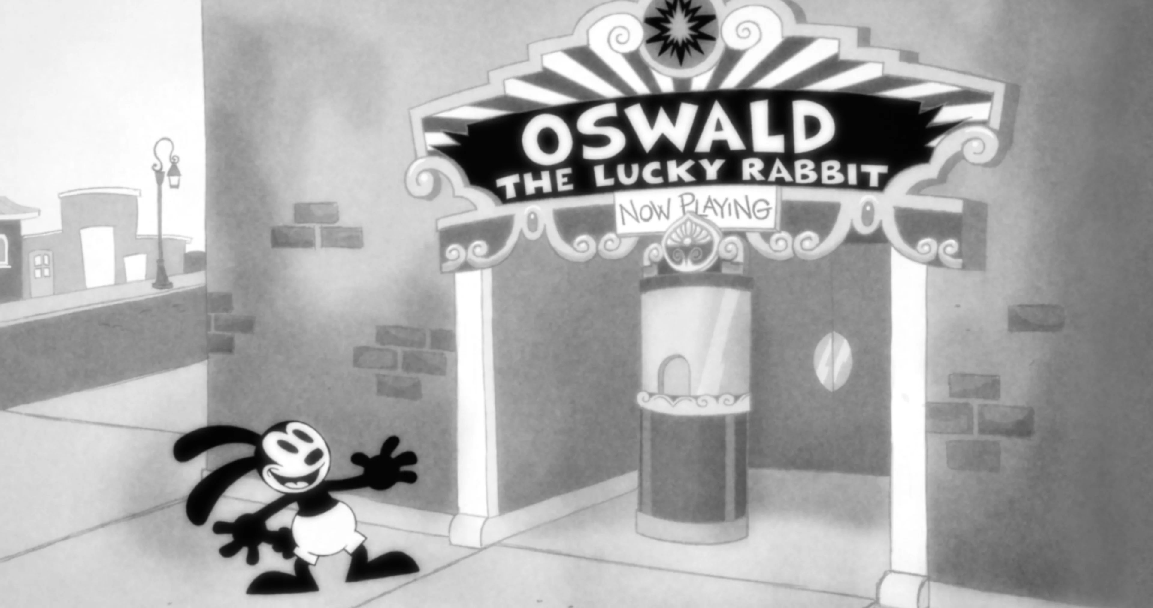 Oswald stands outside a theater in the 2023 Disney100 short.