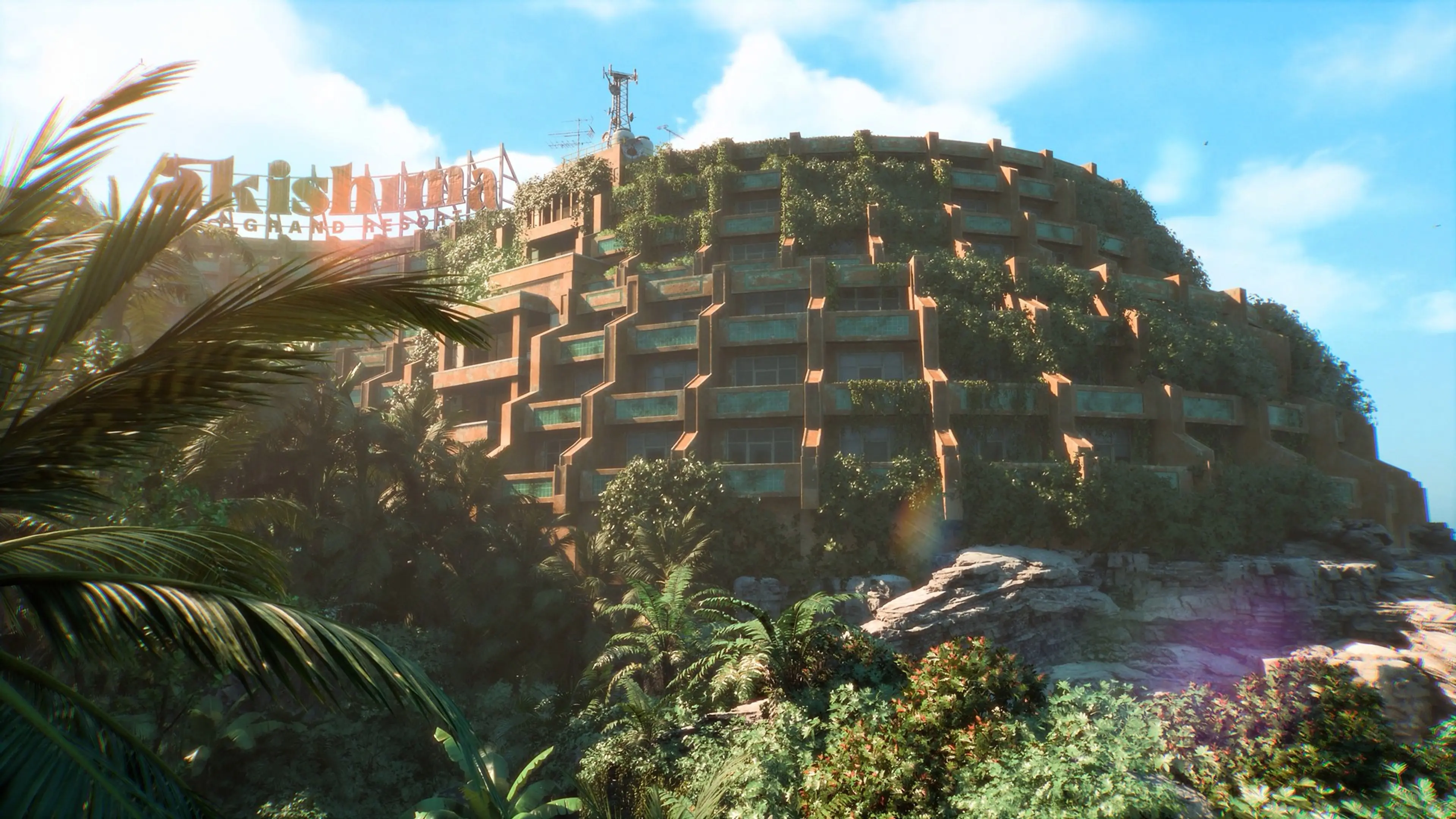 The abandoned Akishima Island hotel stands behind overgrown grounds in Until Dawn 2.