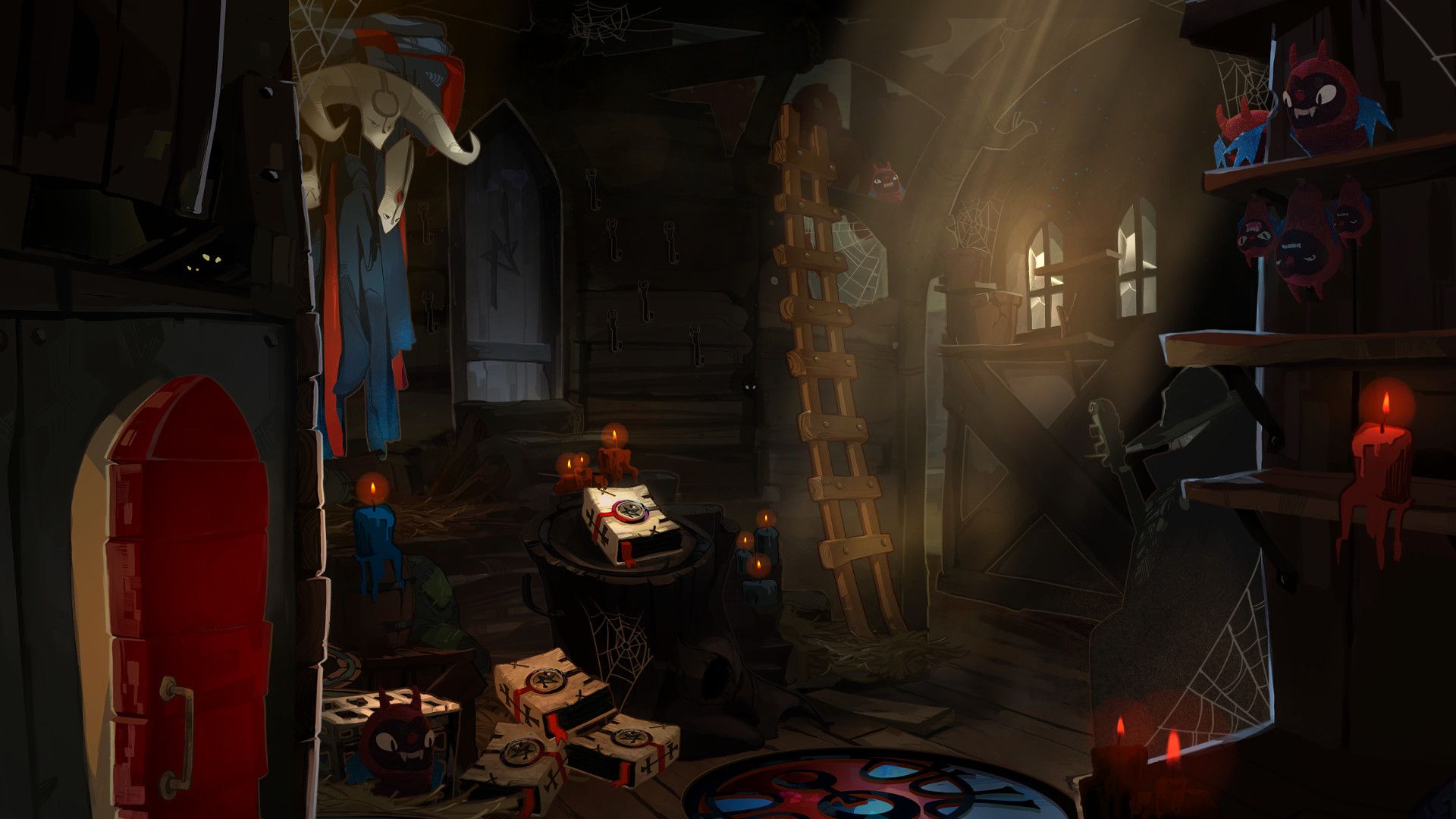 A dim wagon interior contains books, candles, masks and a wooden ladder.