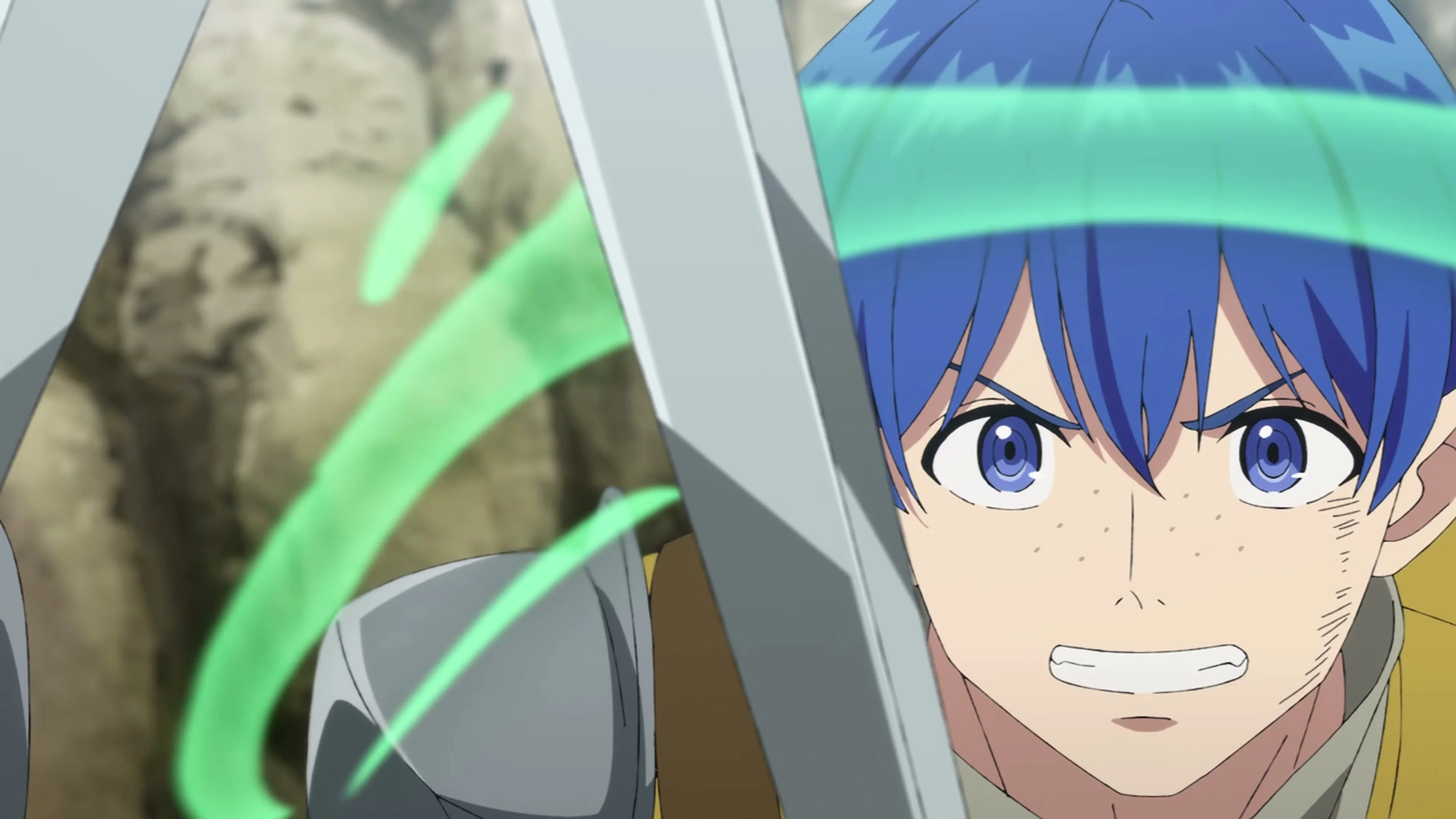 Al raises a sword as green energy arcs around him in battle.