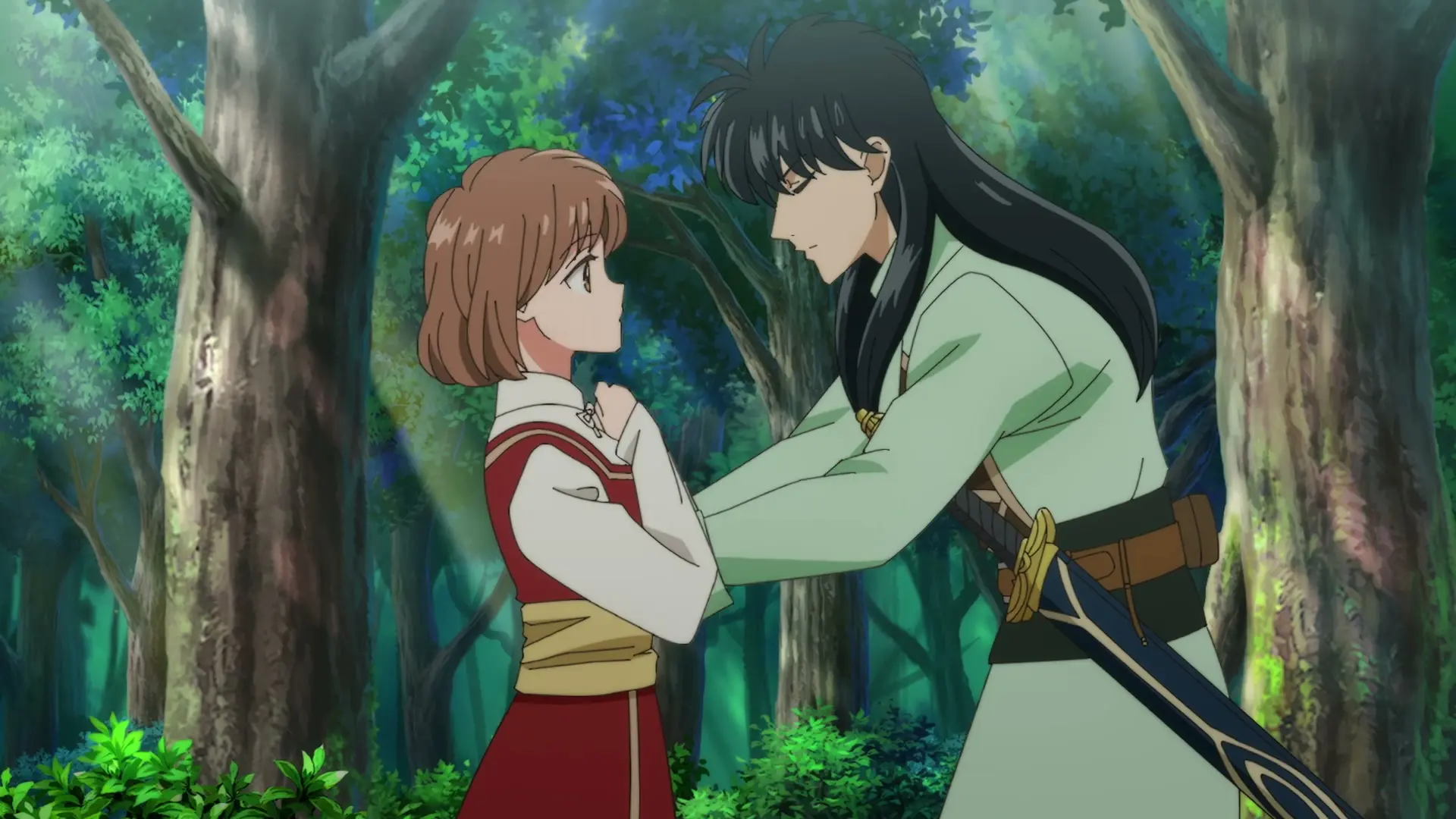 Noriko and Izark face each other in a green forest in the From Far Away anime trailer.