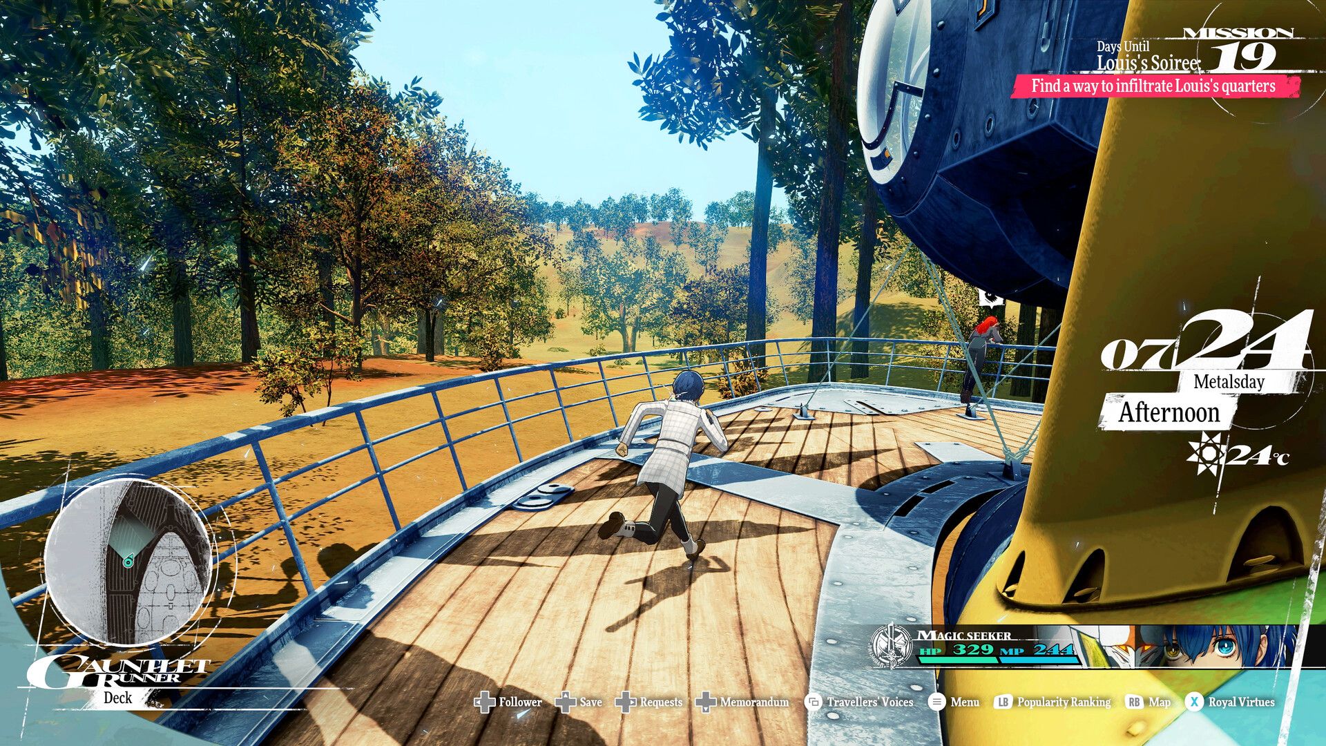 A gauntlet runner travels on a road through a bright countryside.