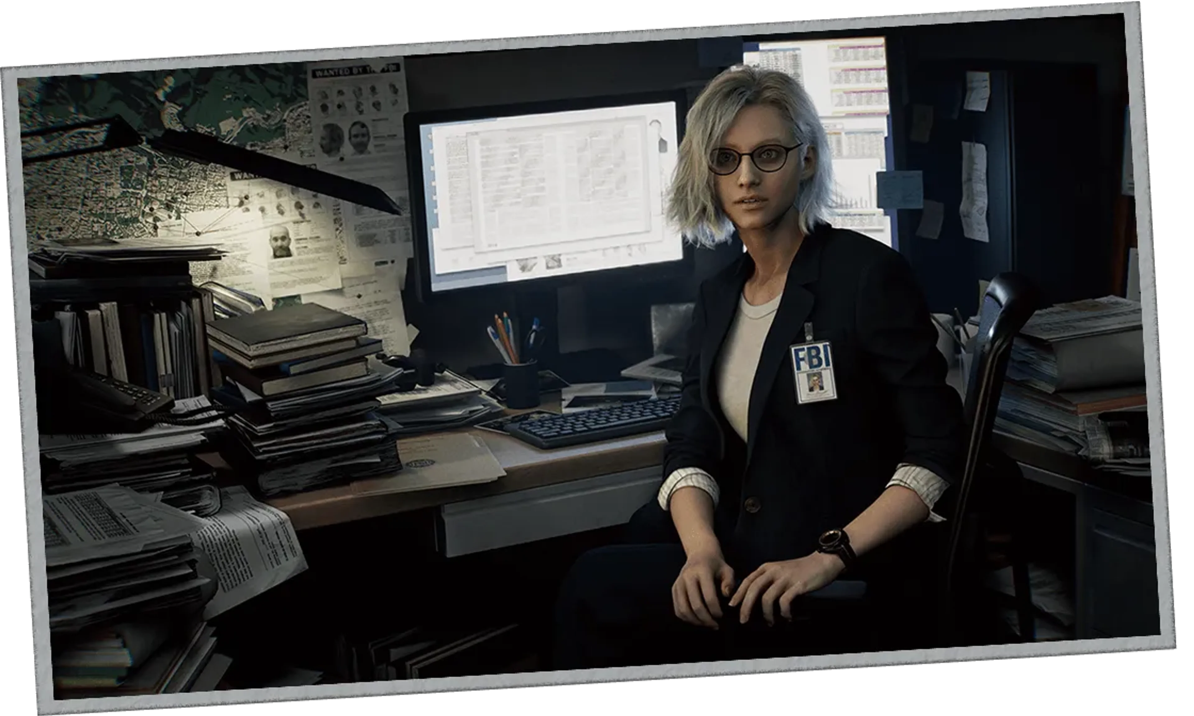 Grace Ashcroft sits at an FBI desk in Resident Evil Requiem.