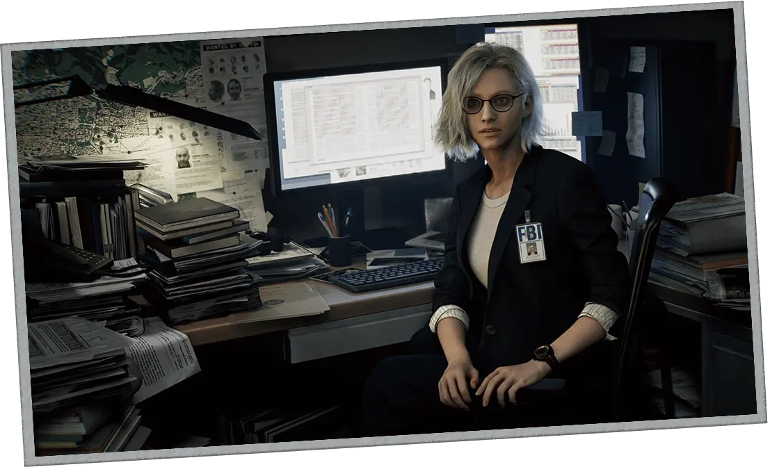 Grace Ashcroft sits at an FBI desk in Resident Evil Requiem.