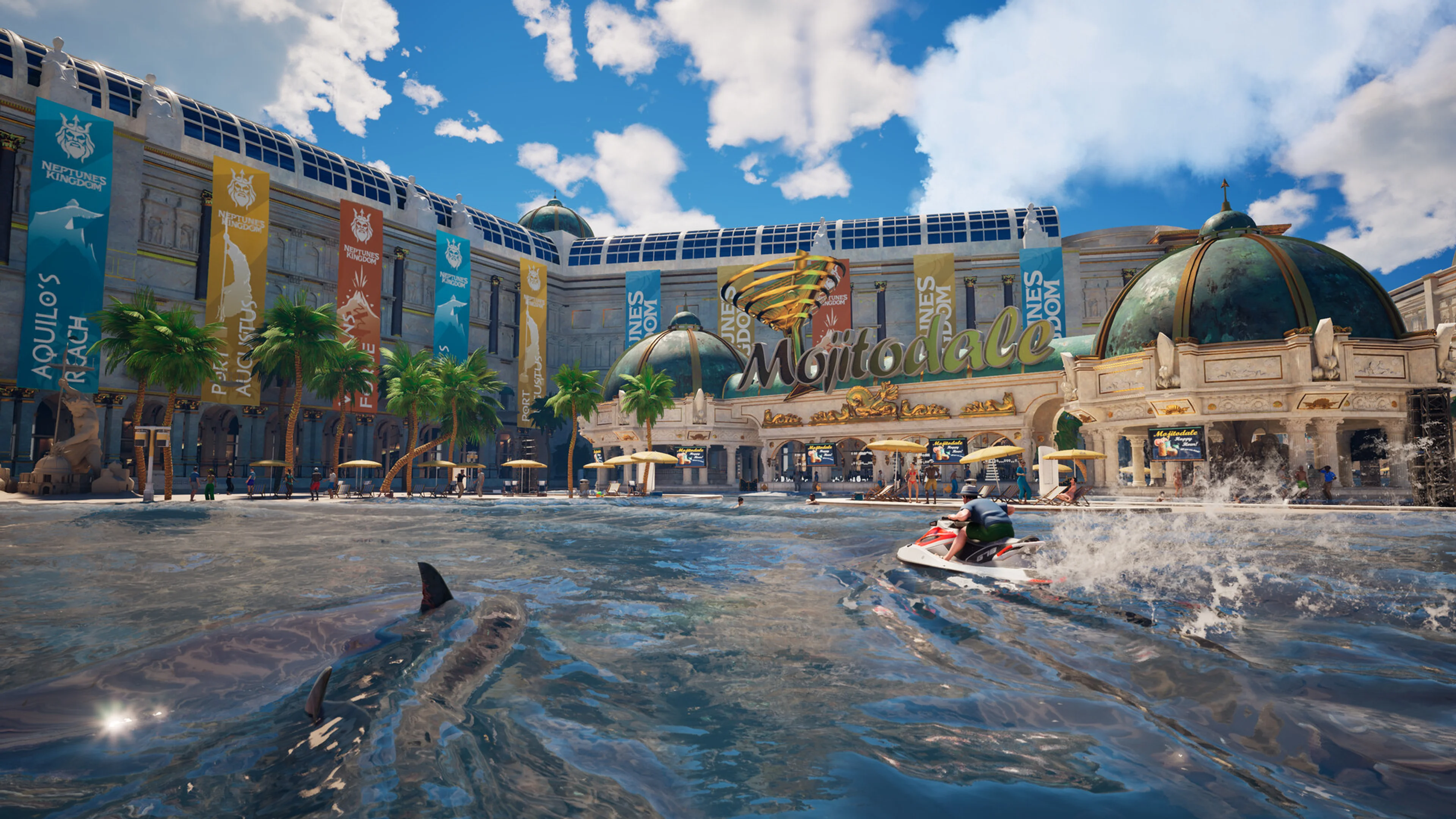A jet ski passes above the bull shark at the tropical Mojitodale entrance.