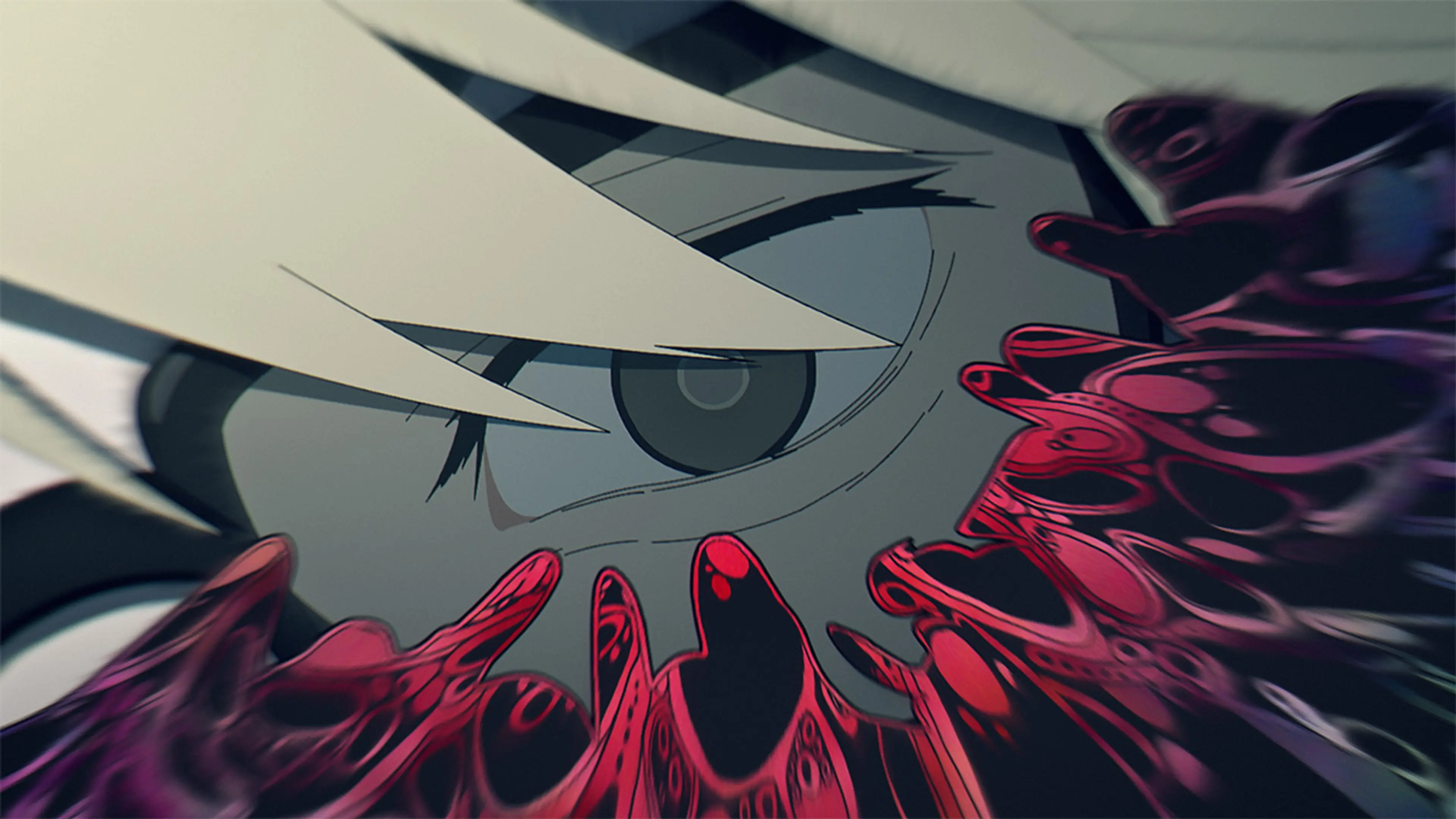 A close-up of Hikaru's eye surrounded by red supernatural matter.