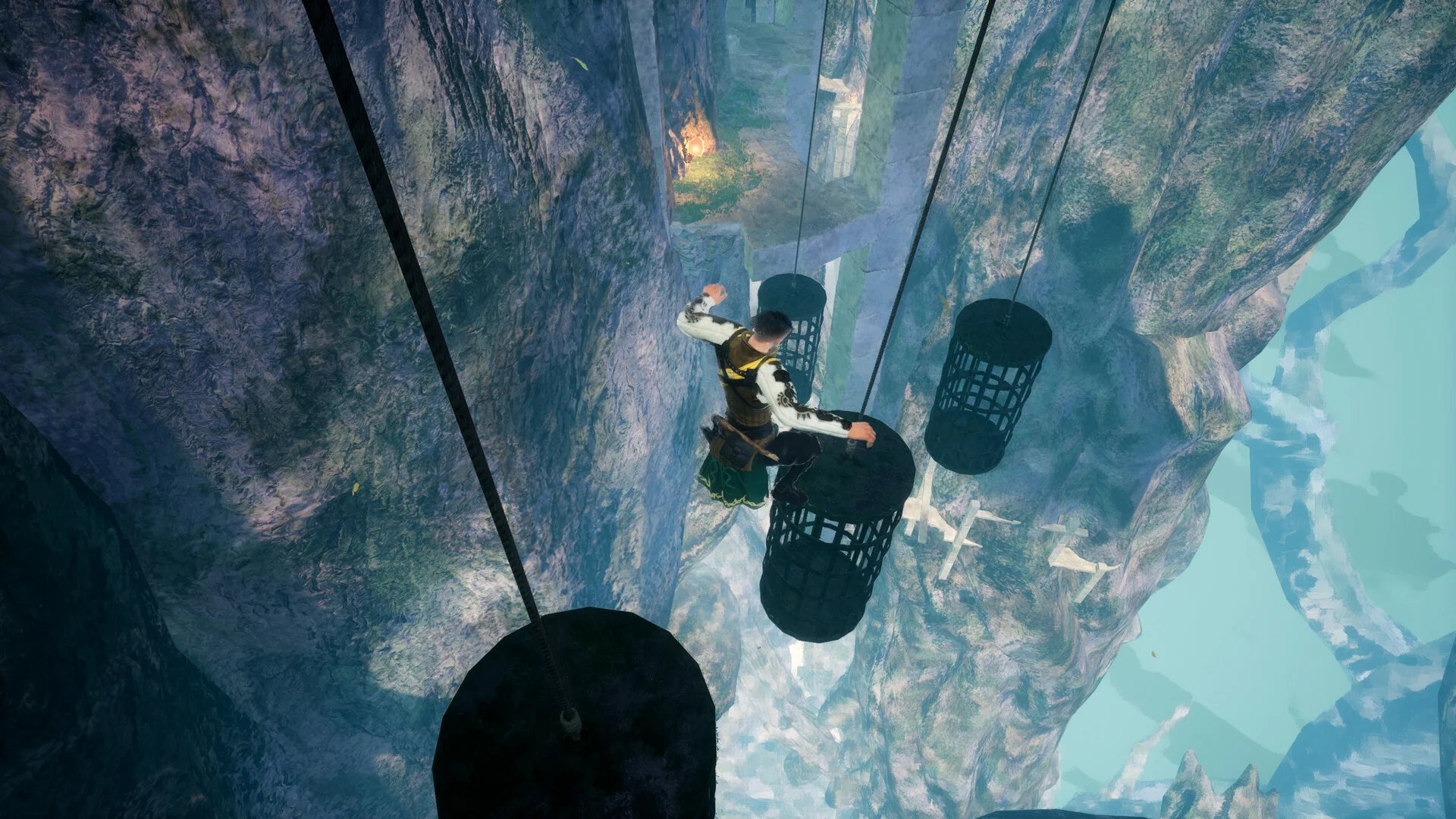 A soldier jumps across suspended basket platforms in Where the Seeds Fall.