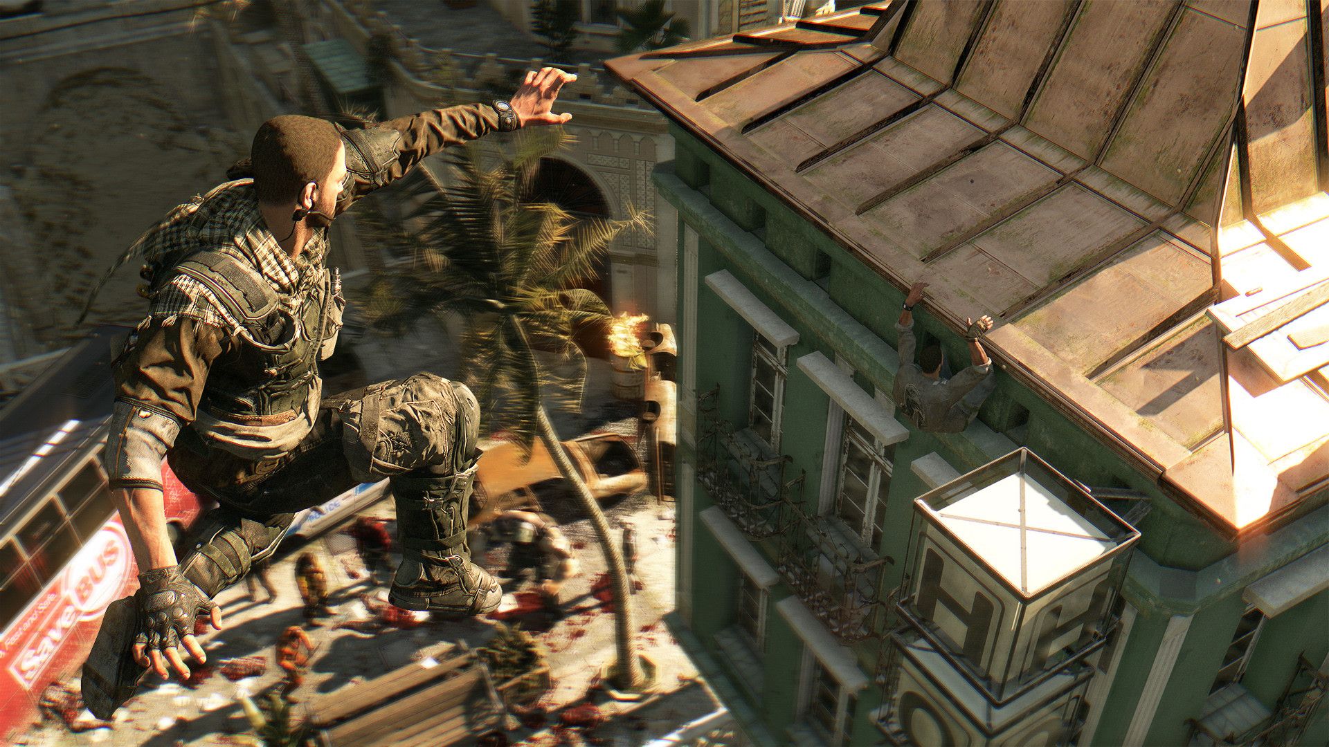 A survivor climbs over a rooftop while an infected person stands on a nearby roof.