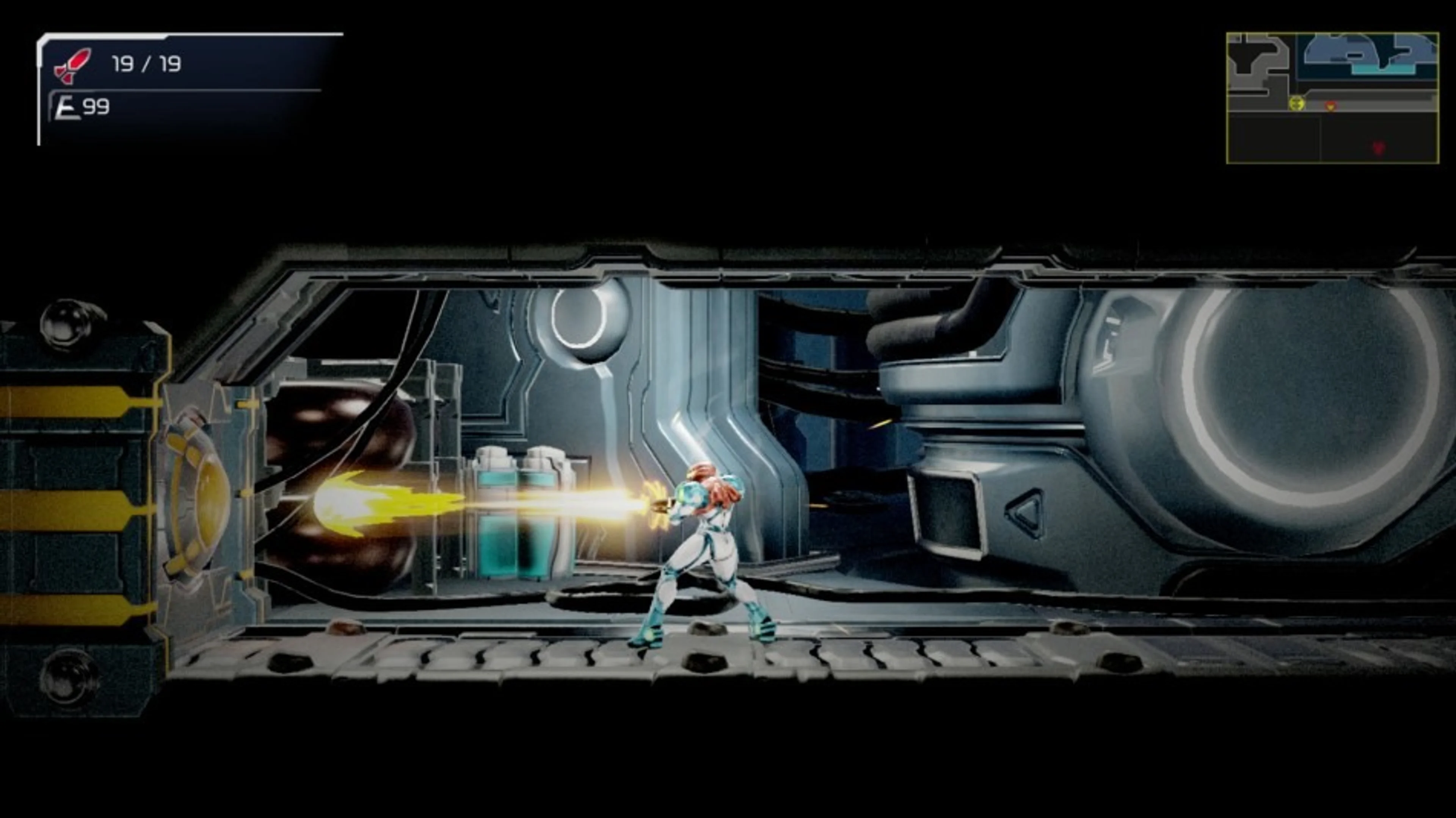 Samus fires a bright charged Beam toward a blinking yellow Charge Beam Door.