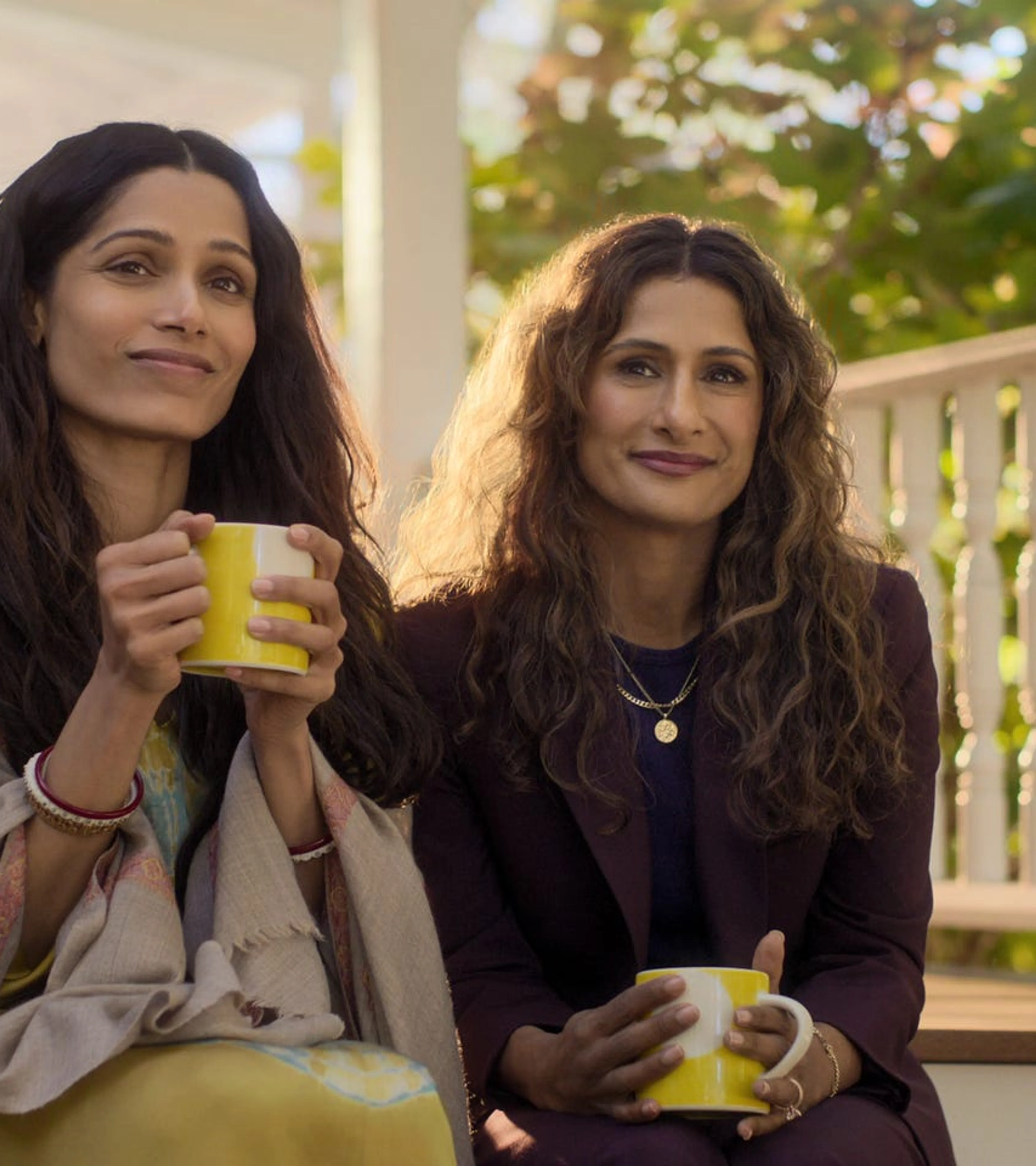 Freida Pinto and Sarayu Blue sit together in sunlight on a porch in Unaccustomed Earth.