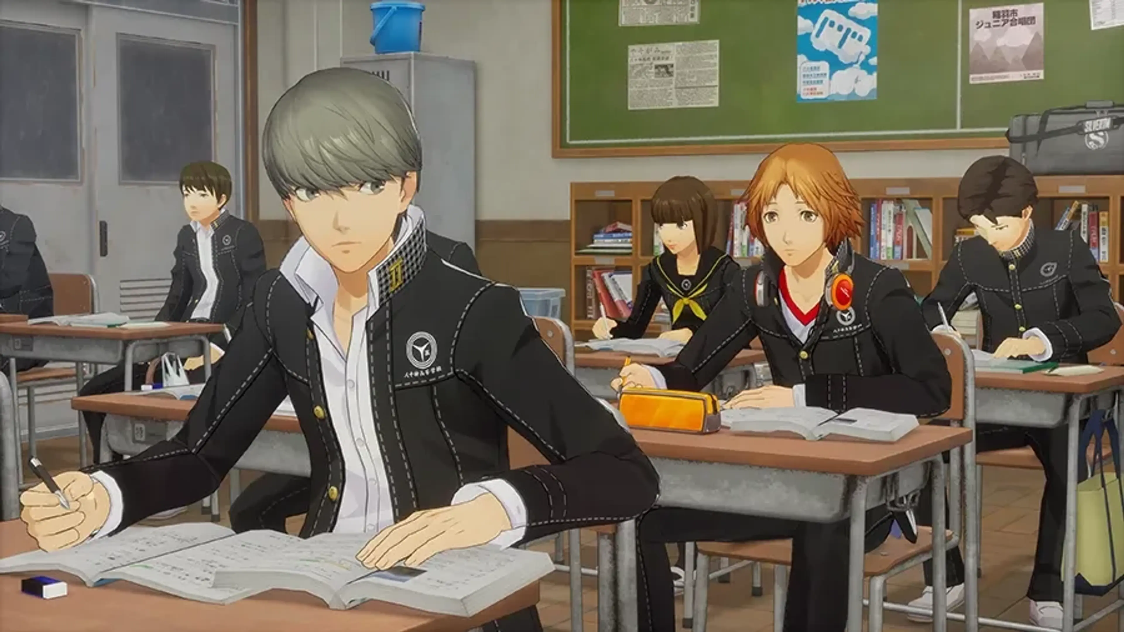 Yu Narukami studies in a classroom with Chie Satonaka and other students in Persona 4 Revival.