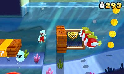 Mario swims beside an underwater fence, coins and a large red fish.