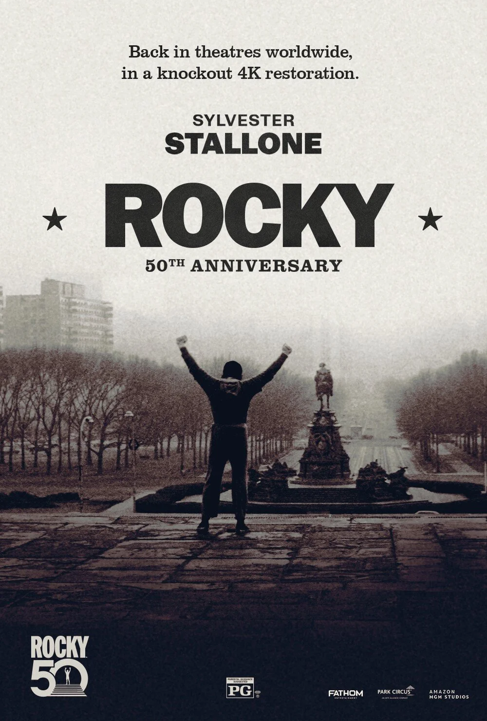 Official Rocky 50th anniversary theater poster shows Rocky at the Philadelphia museum steps.