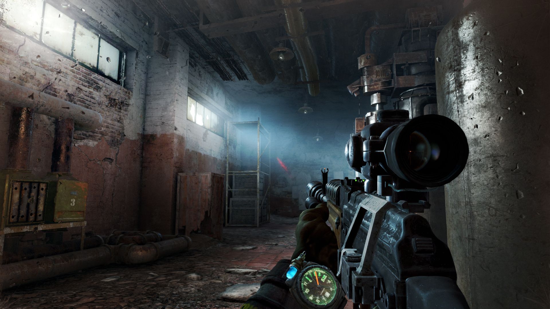 A scoped rifle points into a damaged building in Metro: Last Light Redux.