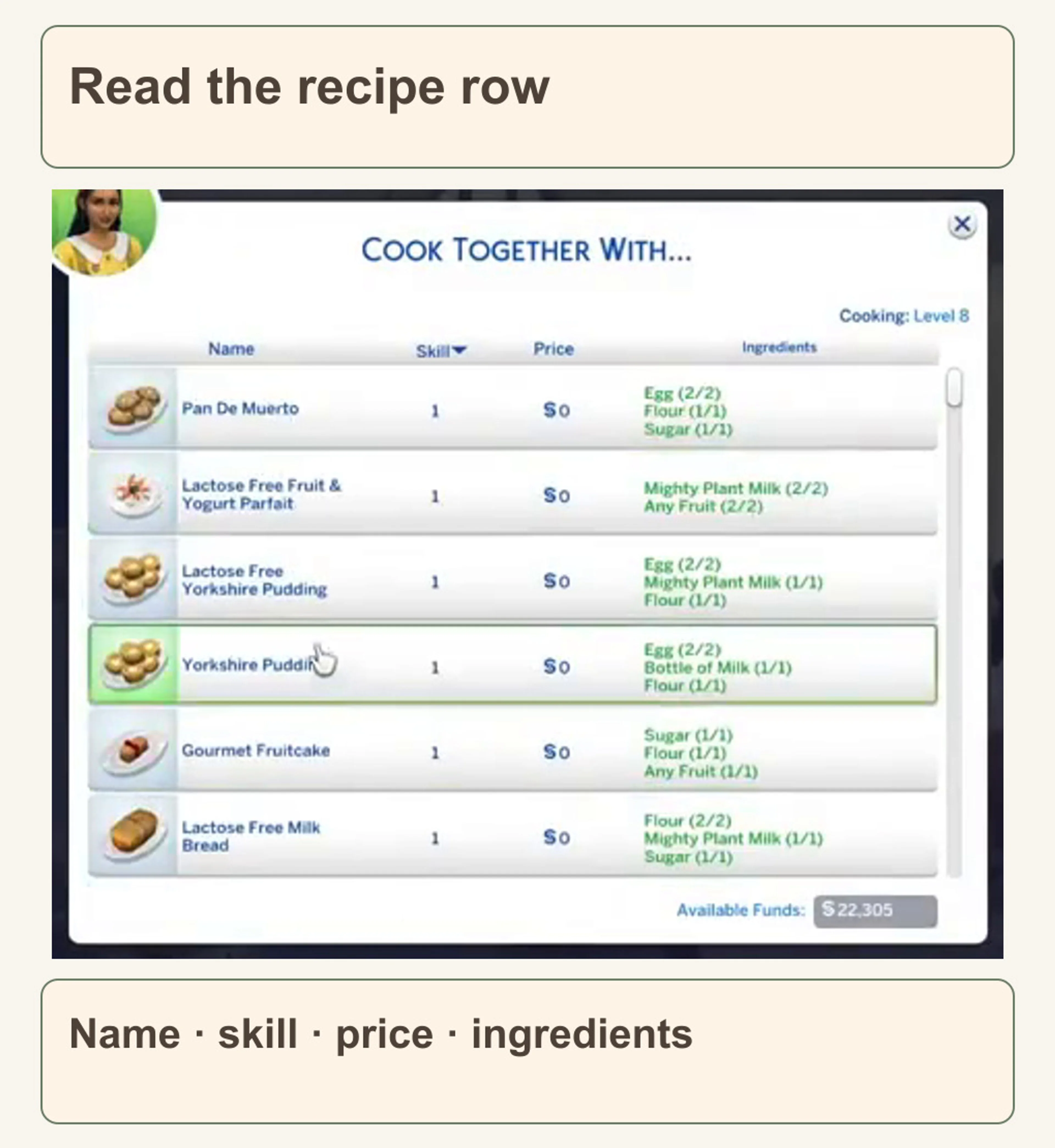 Official Cook Together With recipe window shows Name, Skill, Price and Ingredients columns, with one row outlined green.