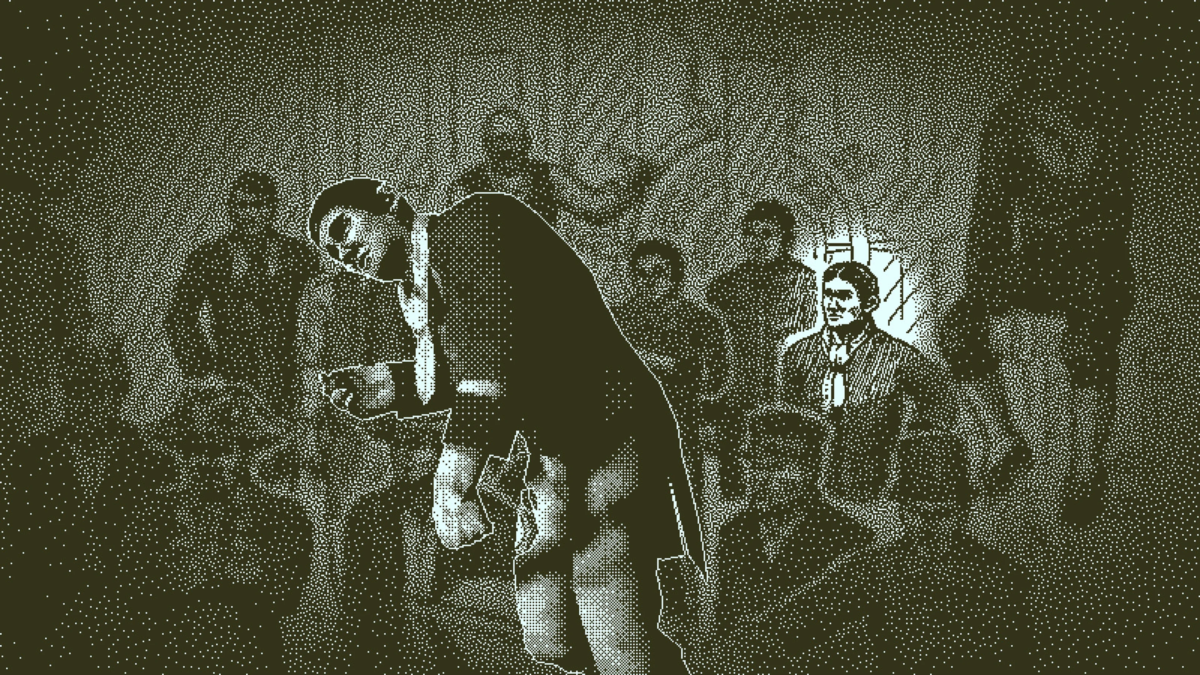 A frozen crowded scene shows several people at different distances inside the Obra Dinn.