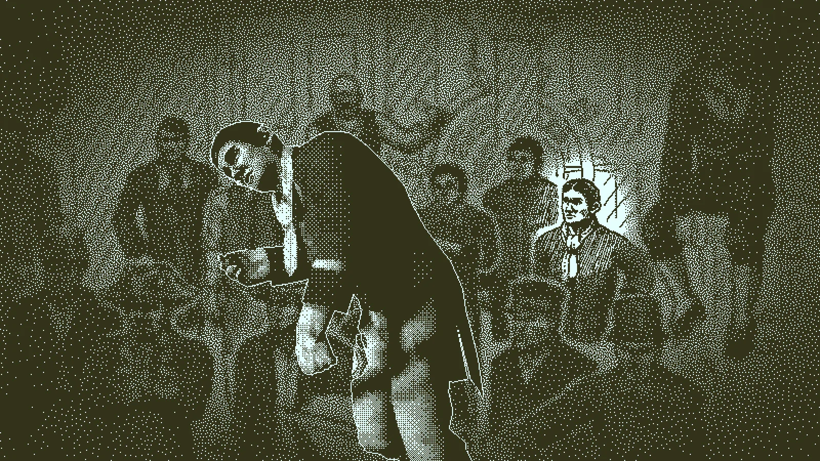 A frozen crowded scene shows several people at different distances inside the Obra Dinn.