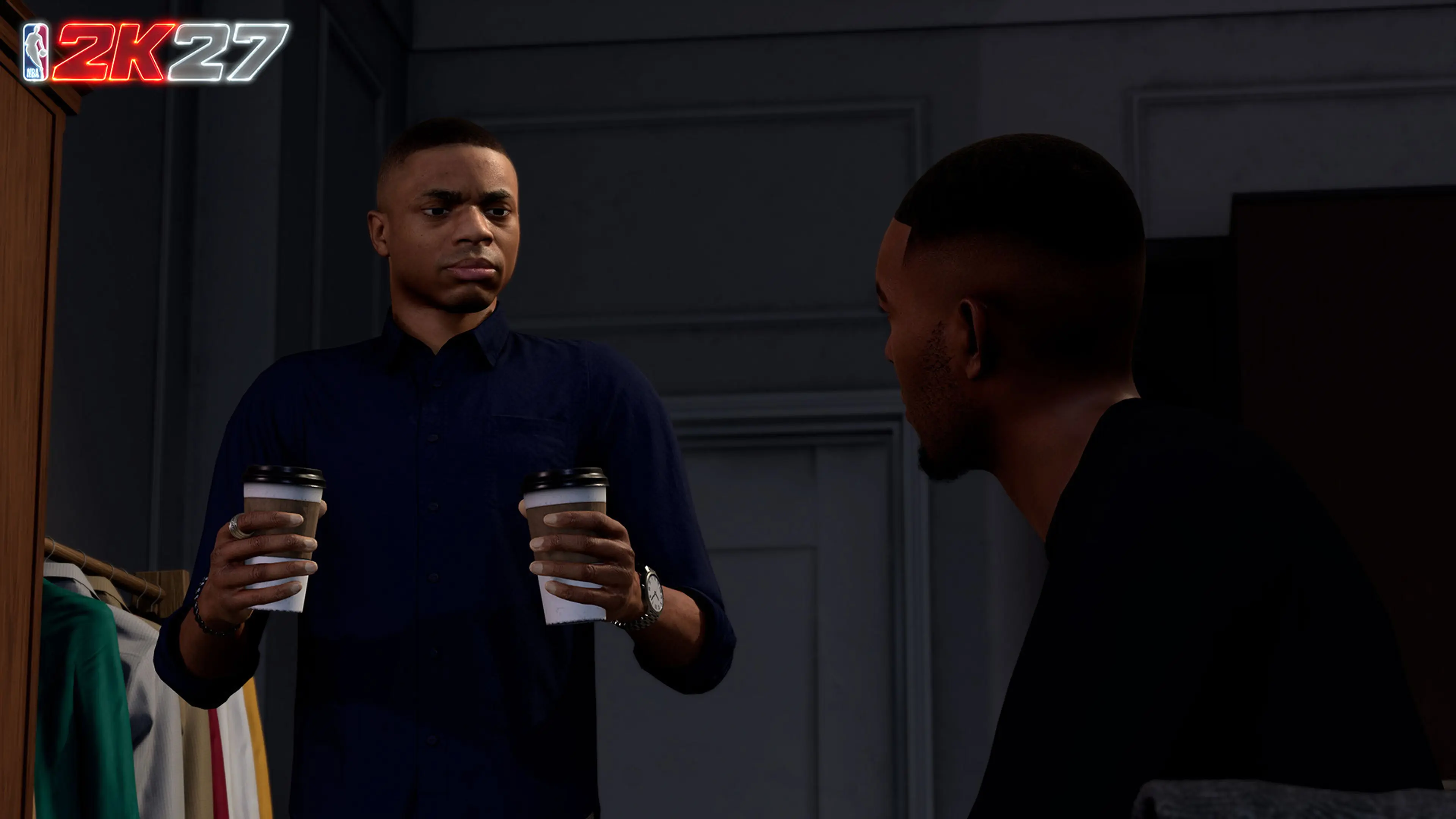 Two MyCAREER characters speak inside a room during the Fire and Concrete story in NBA 2K27.