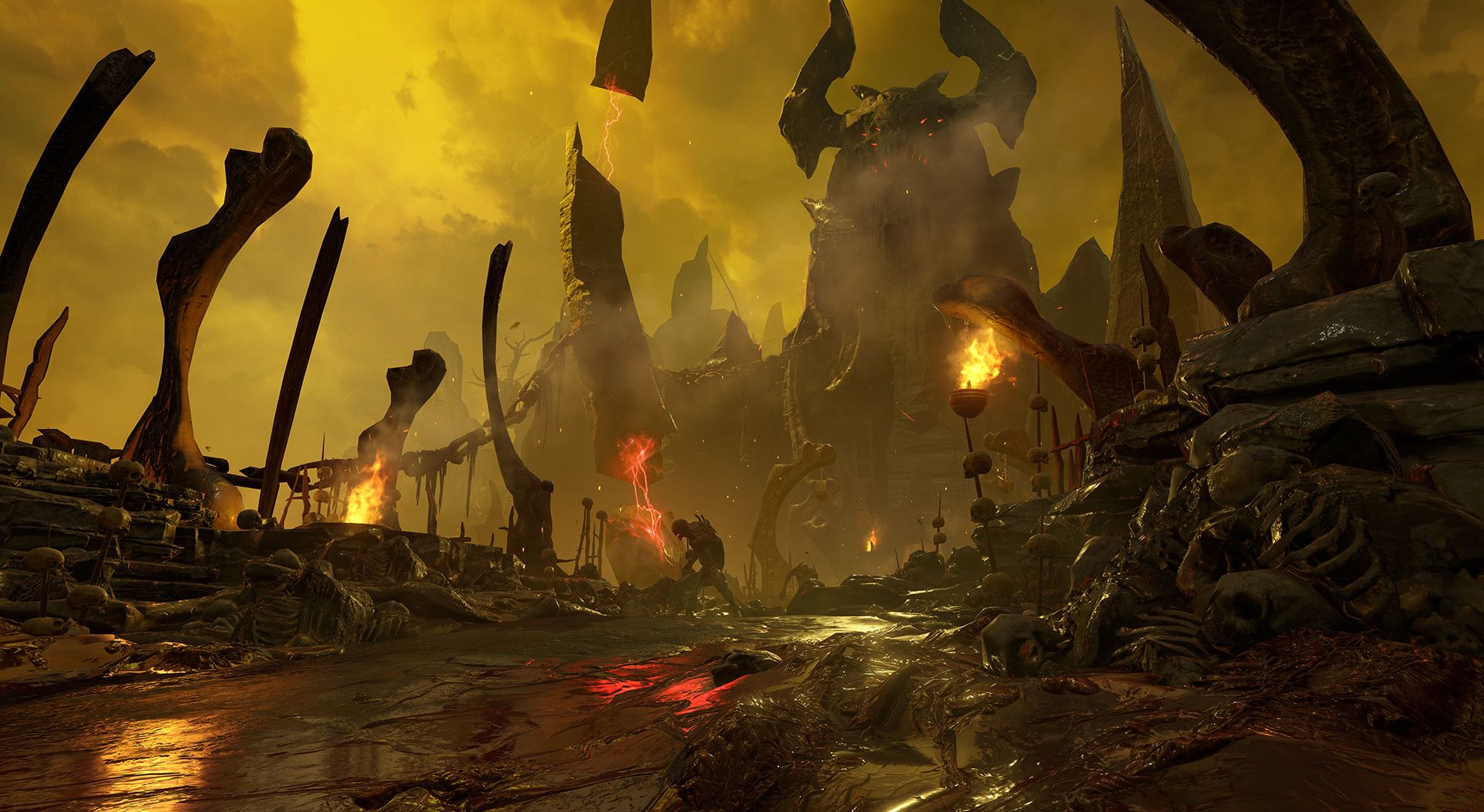 A fiery landscape with twisted structures in DOOM.