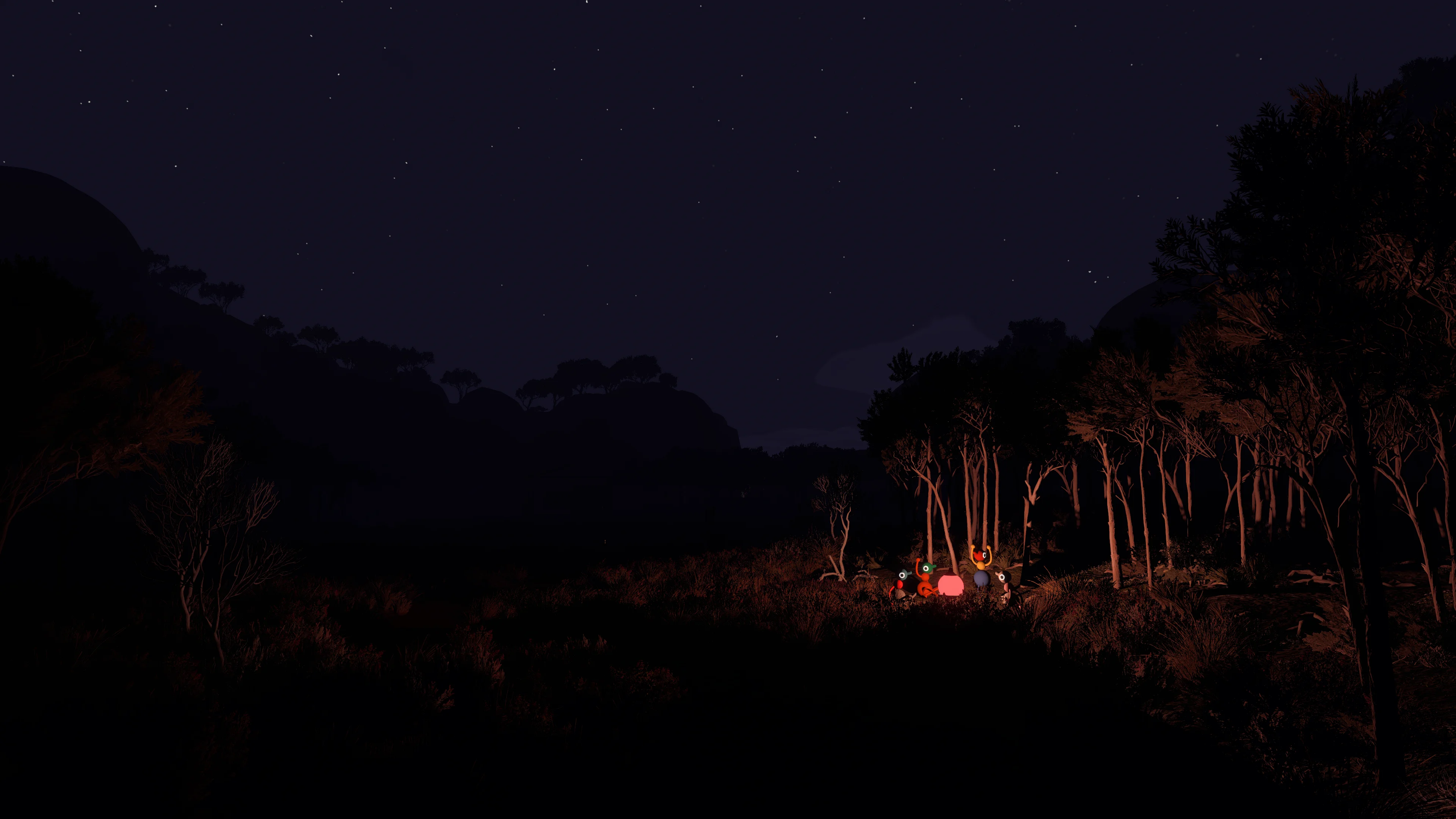 Big Walk characters gather around a campfire at night.