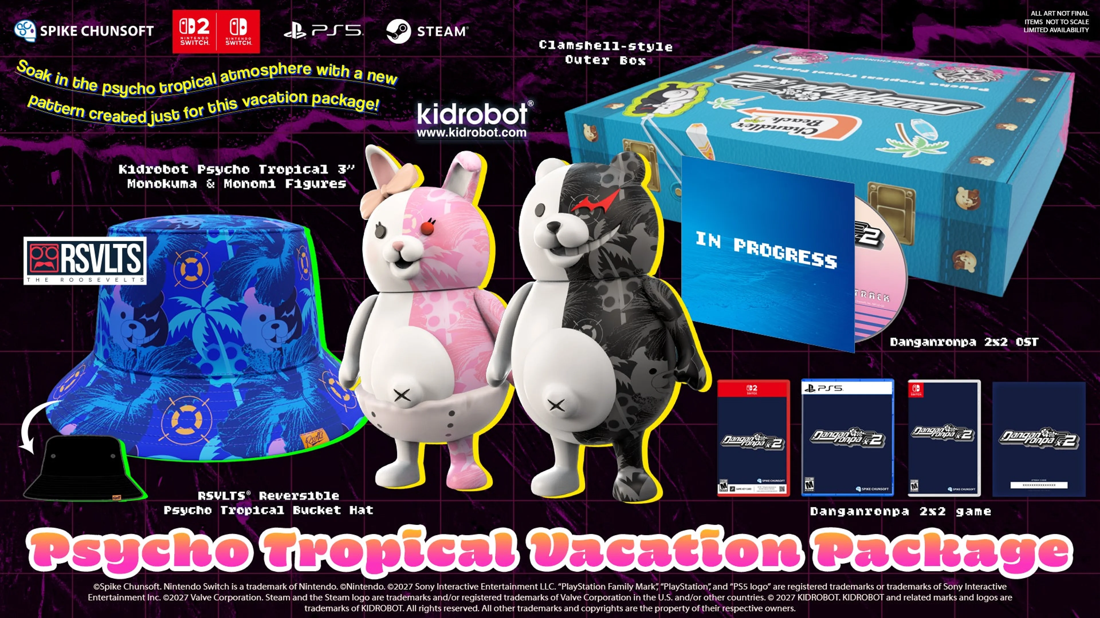 Danganronpa 2x2 Psycho Tropical Vacation Package with figures, hat, soundtrack and outer box.
