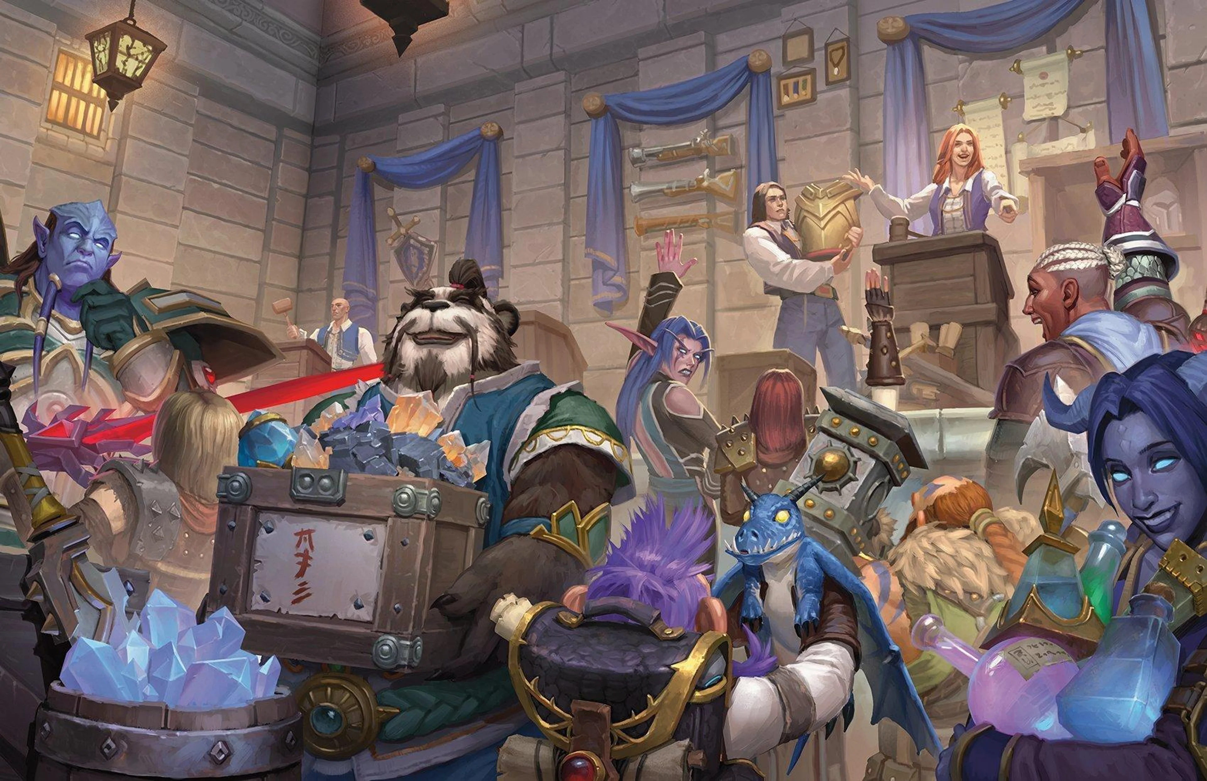 World of Warcraft characters trade items inside a busy fantasy market in official D&D artwork.