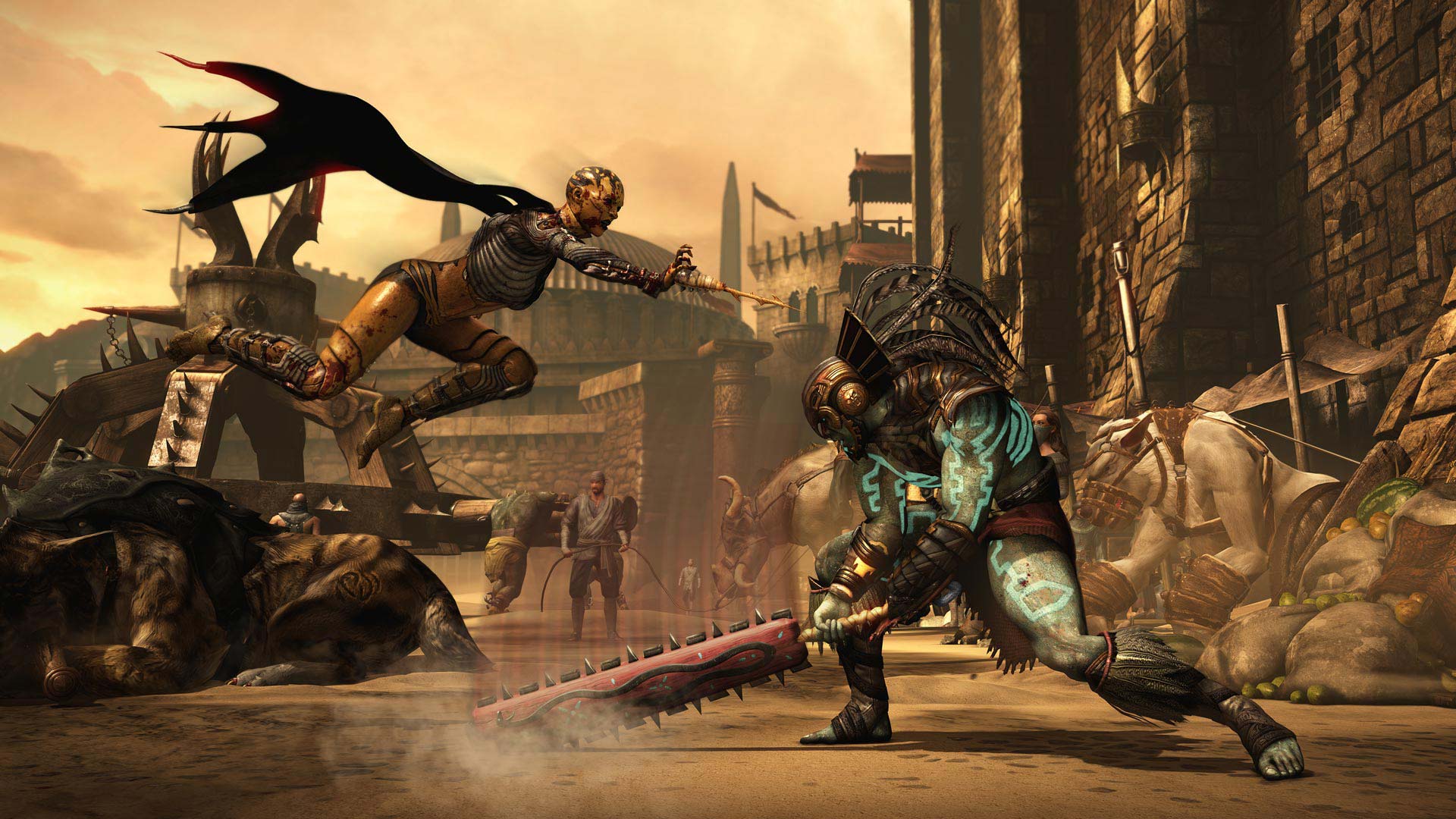Two fighters face each other in a ruined street arena.
