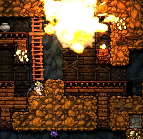 Closer view of a Spelunky explorer below a bomb explosion that breaks rocky blocks.