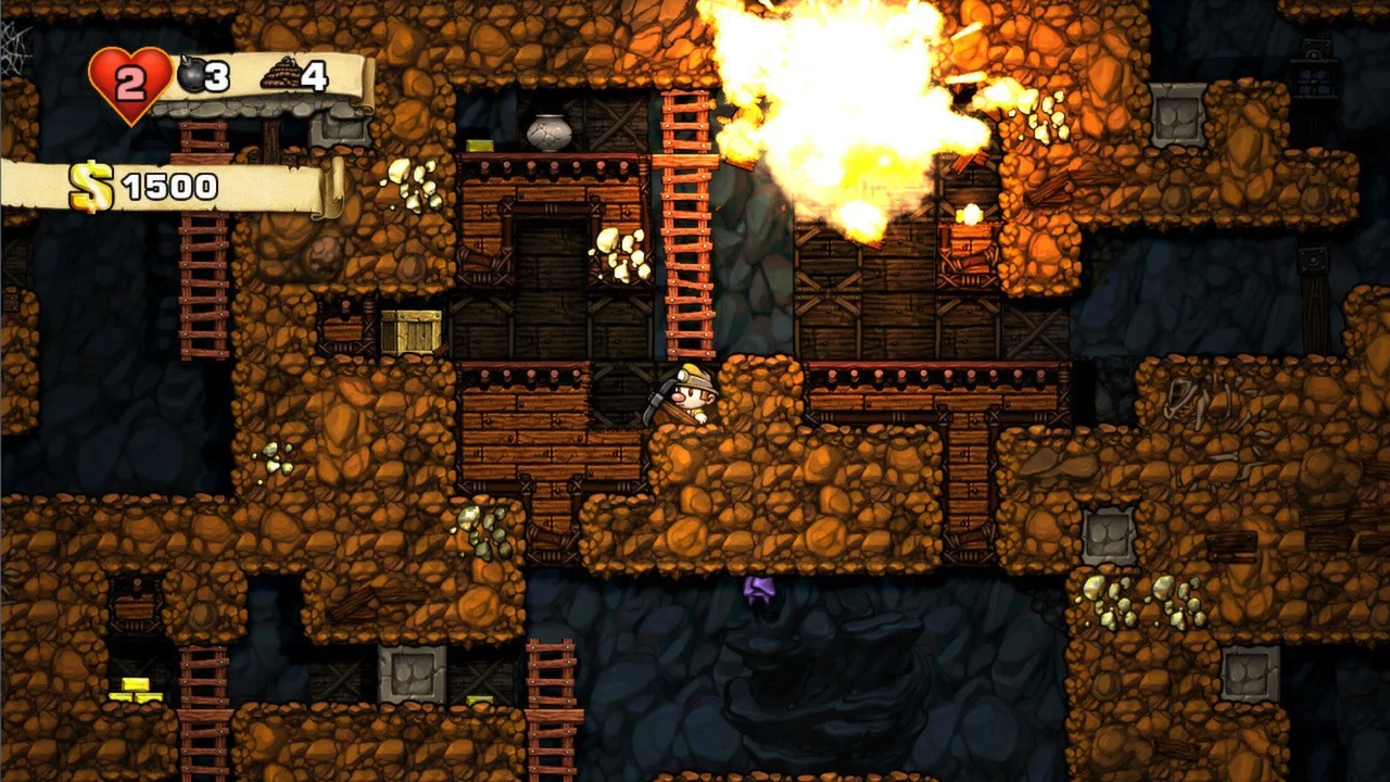 Full Spelunky HD screen with hearts, bombs, ropes and money at top left; a bomb explodes above the explorer.