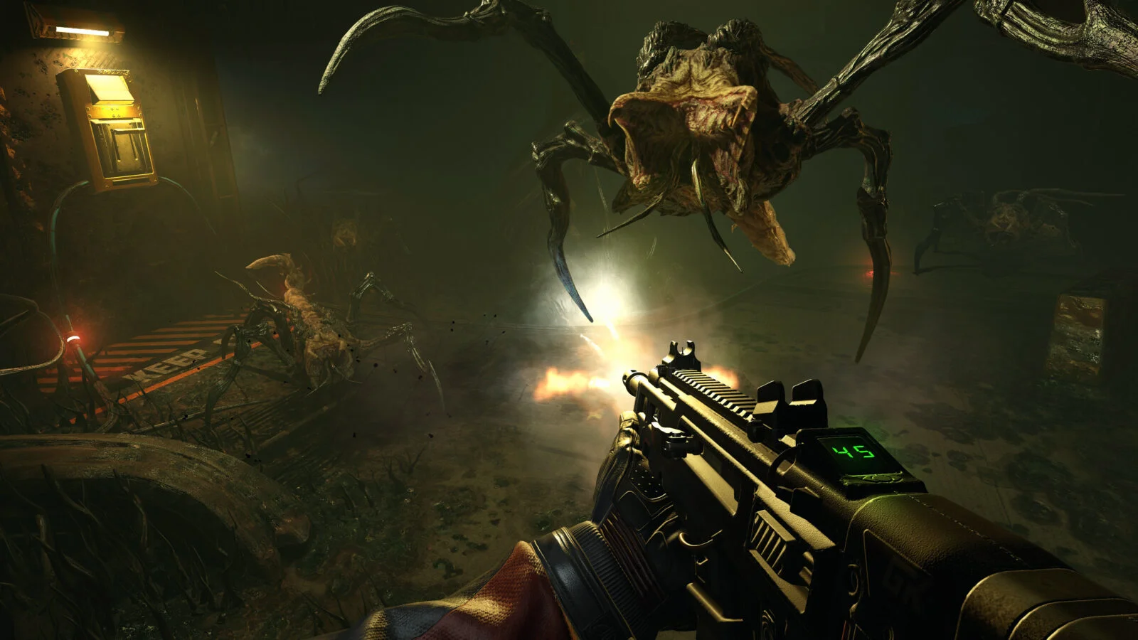 The Engineer fires at airborne and ground-based Scuttlers in Alien Deathstorm.