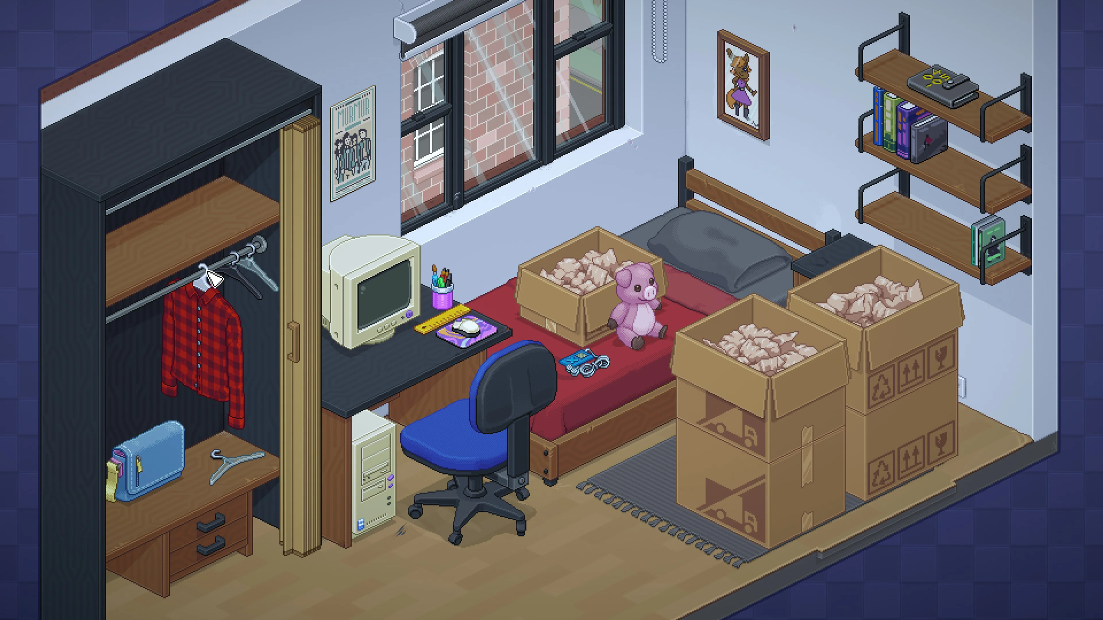 Moving boxes, a purple stuffed pig and a computer in an Unpacking bedroom.