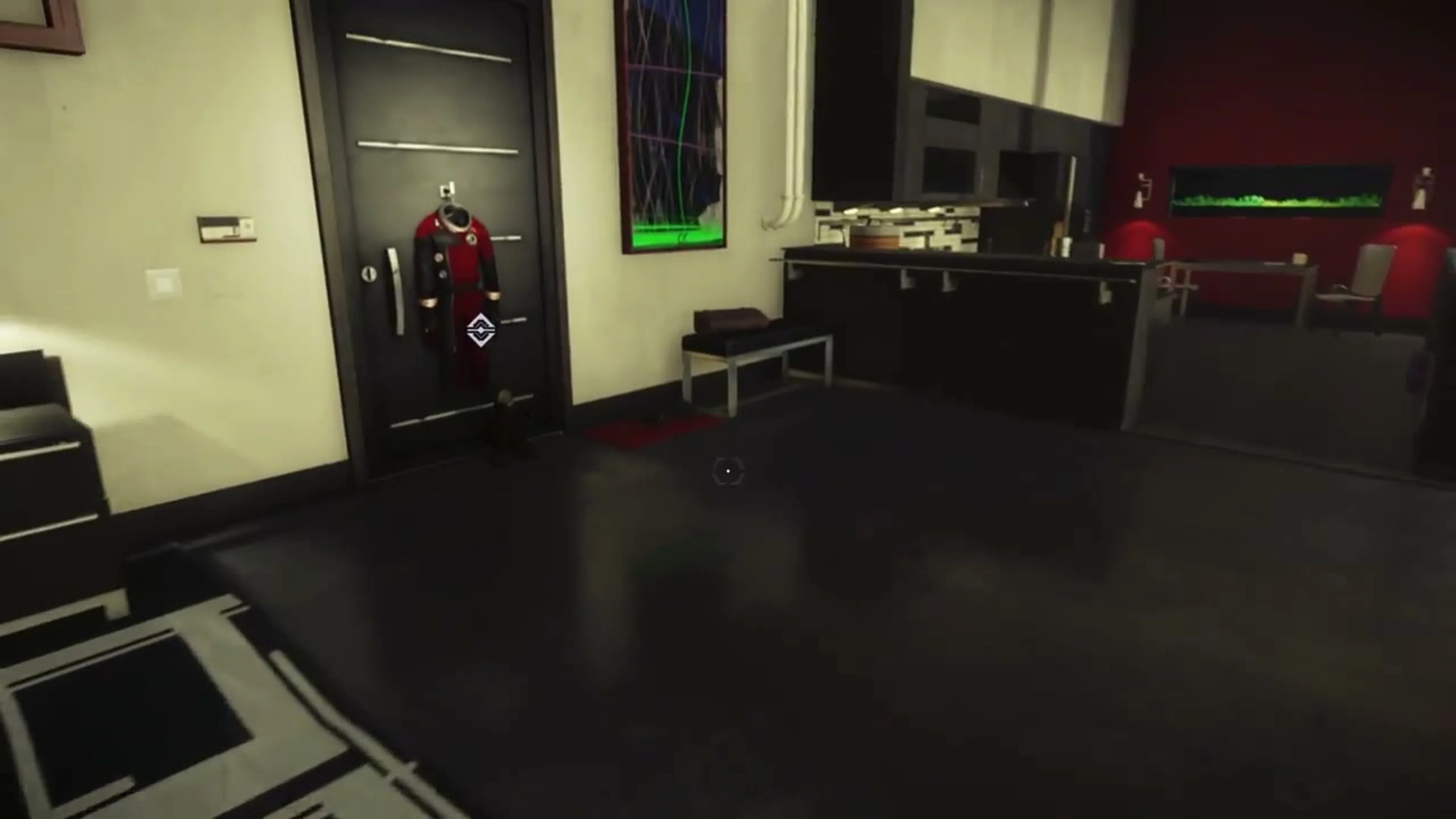 Morgan’s apartment with the red TranStar suit hanging on the dark door at left.