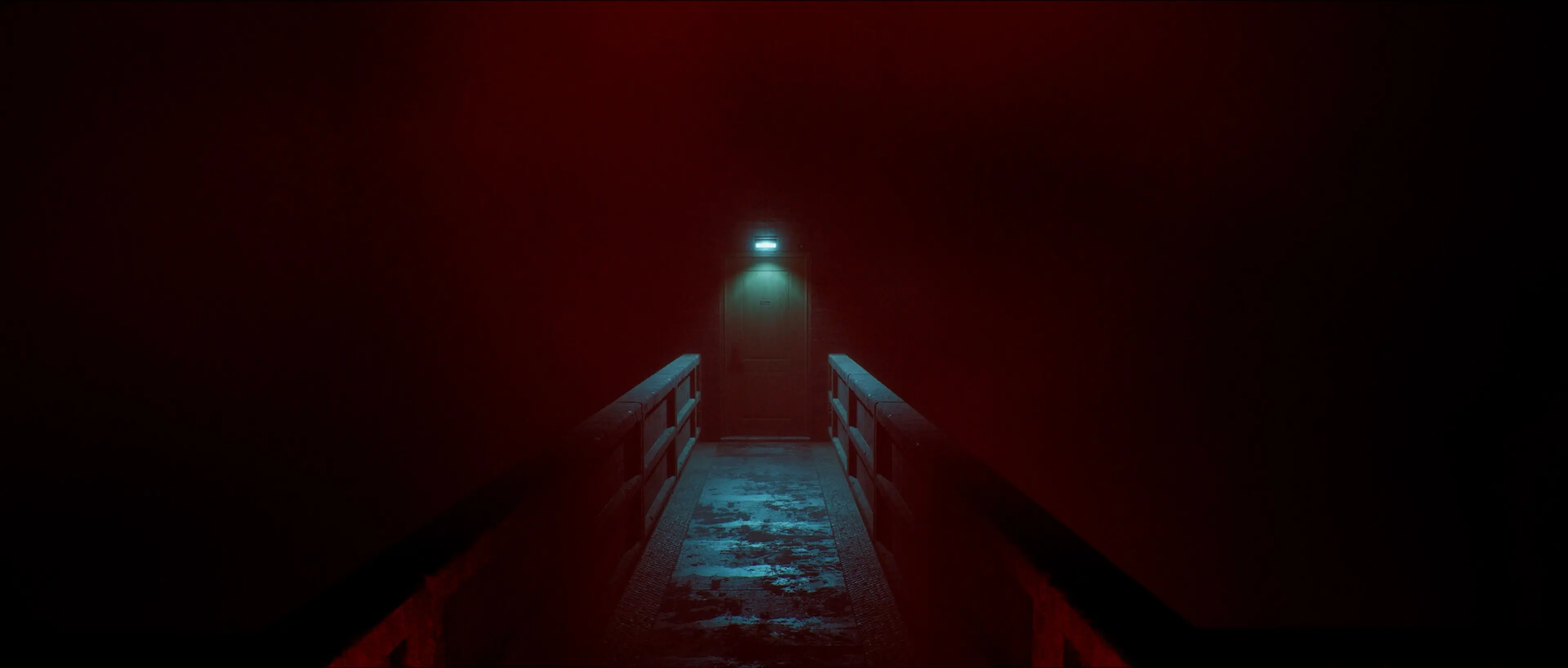 A red-lit walkway passes metal railings and stairs beneath a blue overhead lamp.