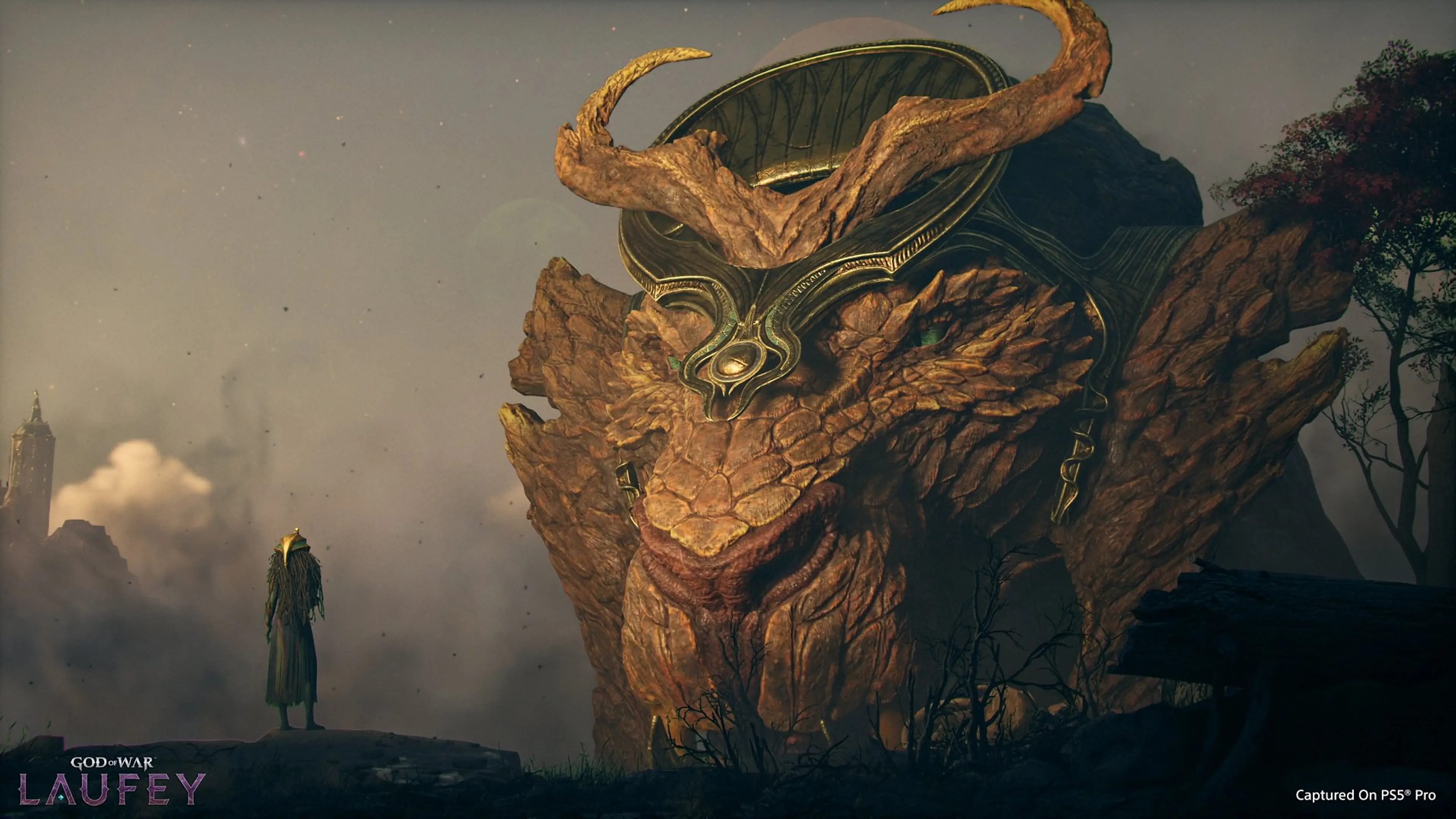 Gameplay screenshot: a lone figure faces a towering antlered guardian across a misty landscape in God of War: Laufey.