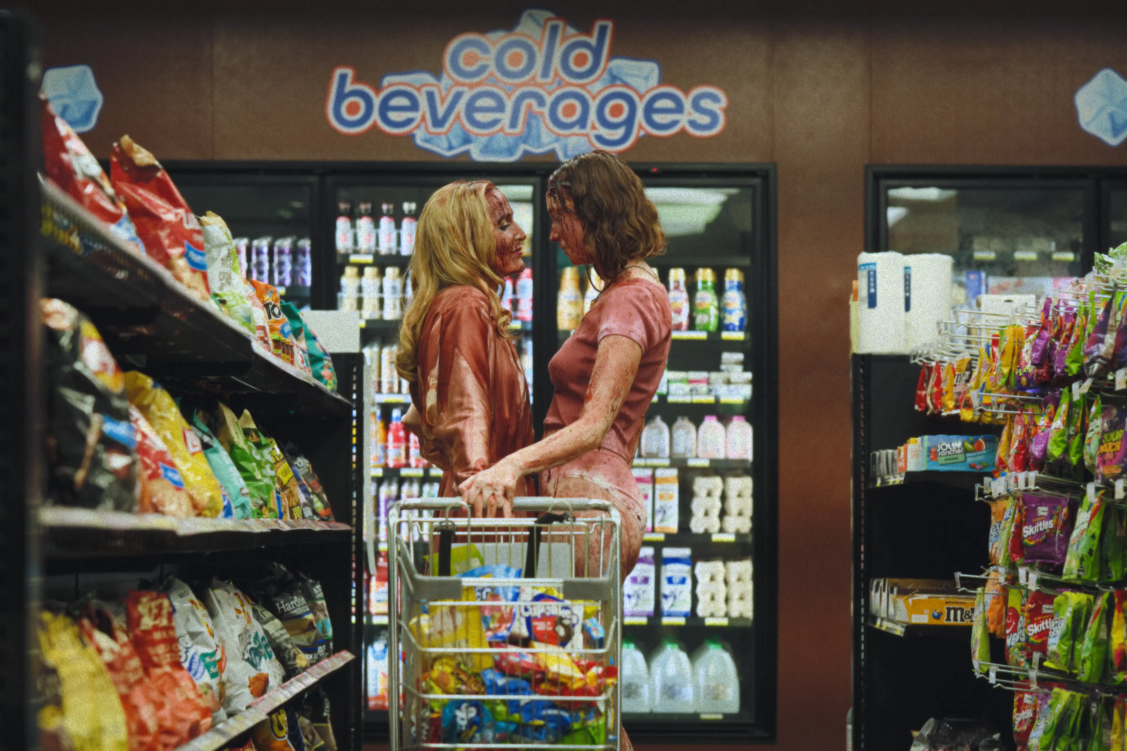 Hannah Einbinder and Gillian Anderson stand among shelves in a store.