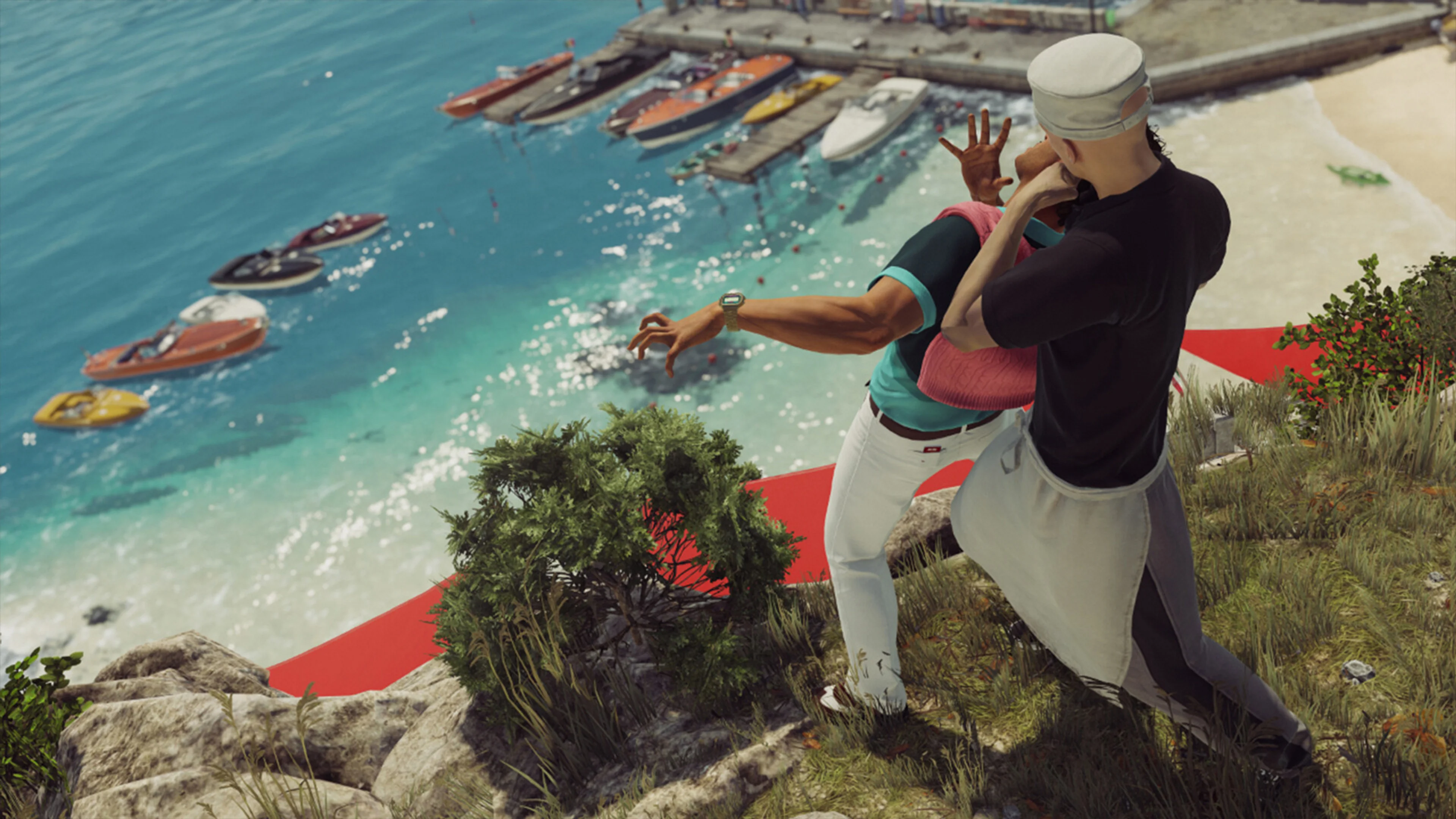 Agent 47 restrains a target above a marina in HITMAN World of Assassination.