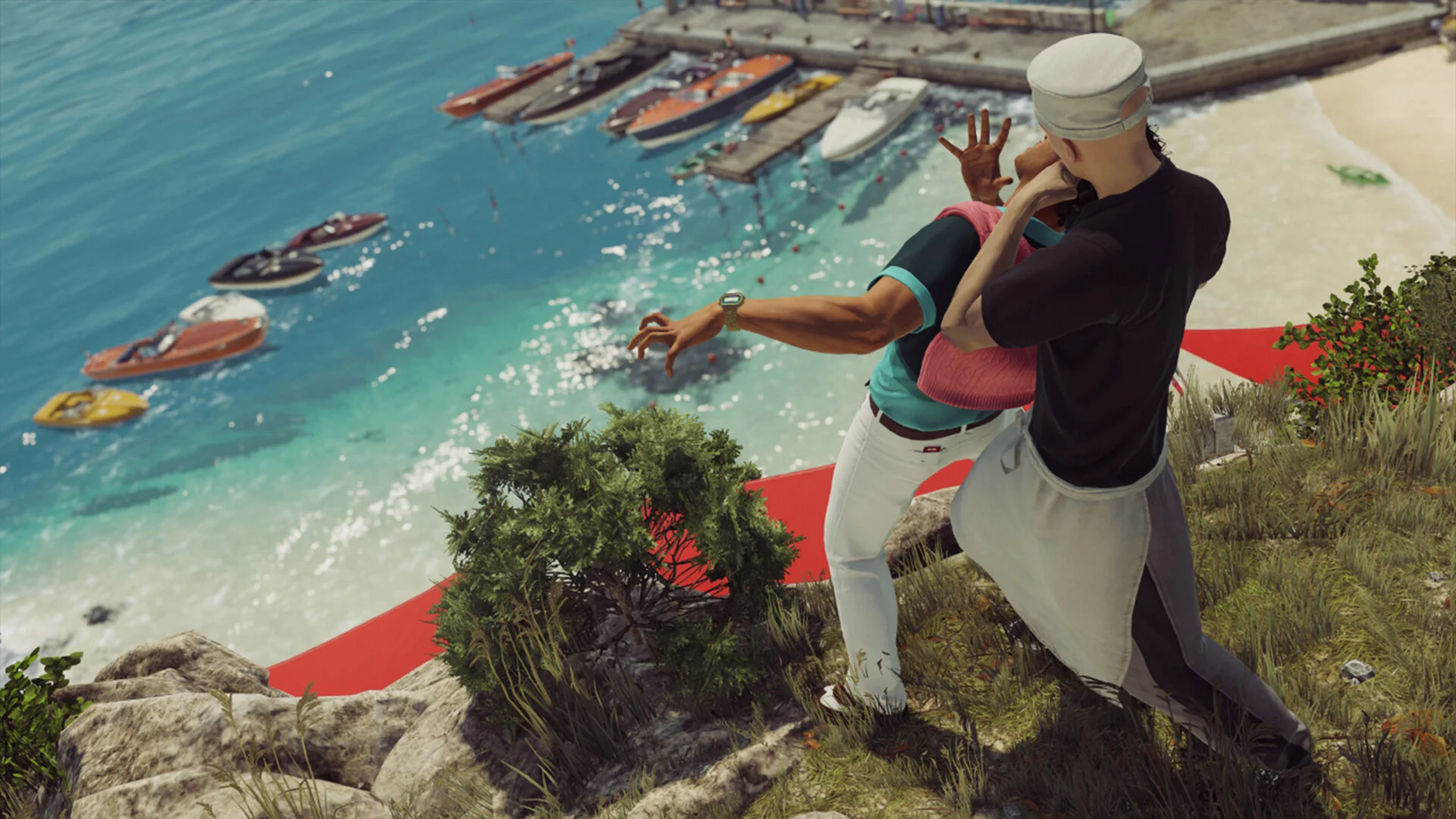Agent 47 restrains a target above a marina in HITMAN World of Assassination.