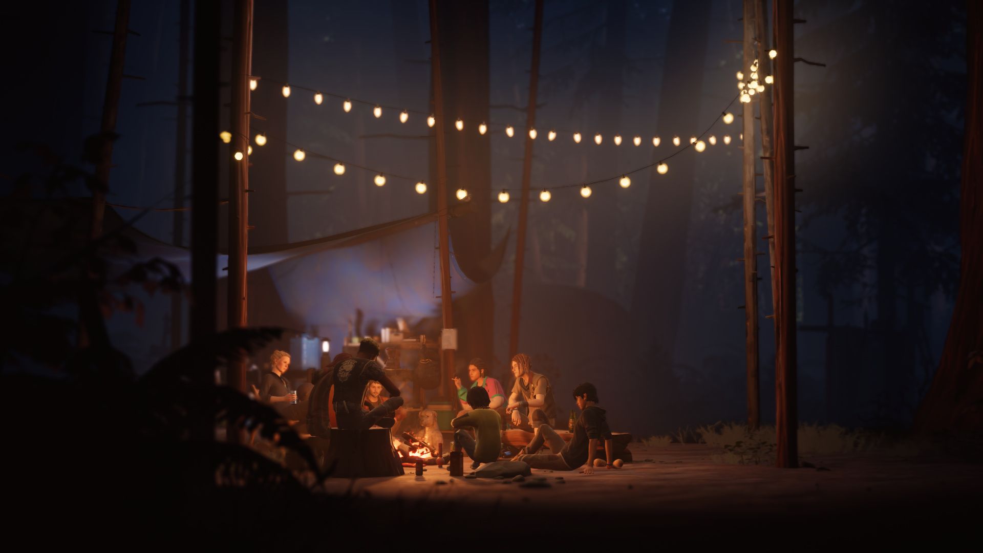 A group gathers around a campfire beneath string lights in Life is Strange 2.