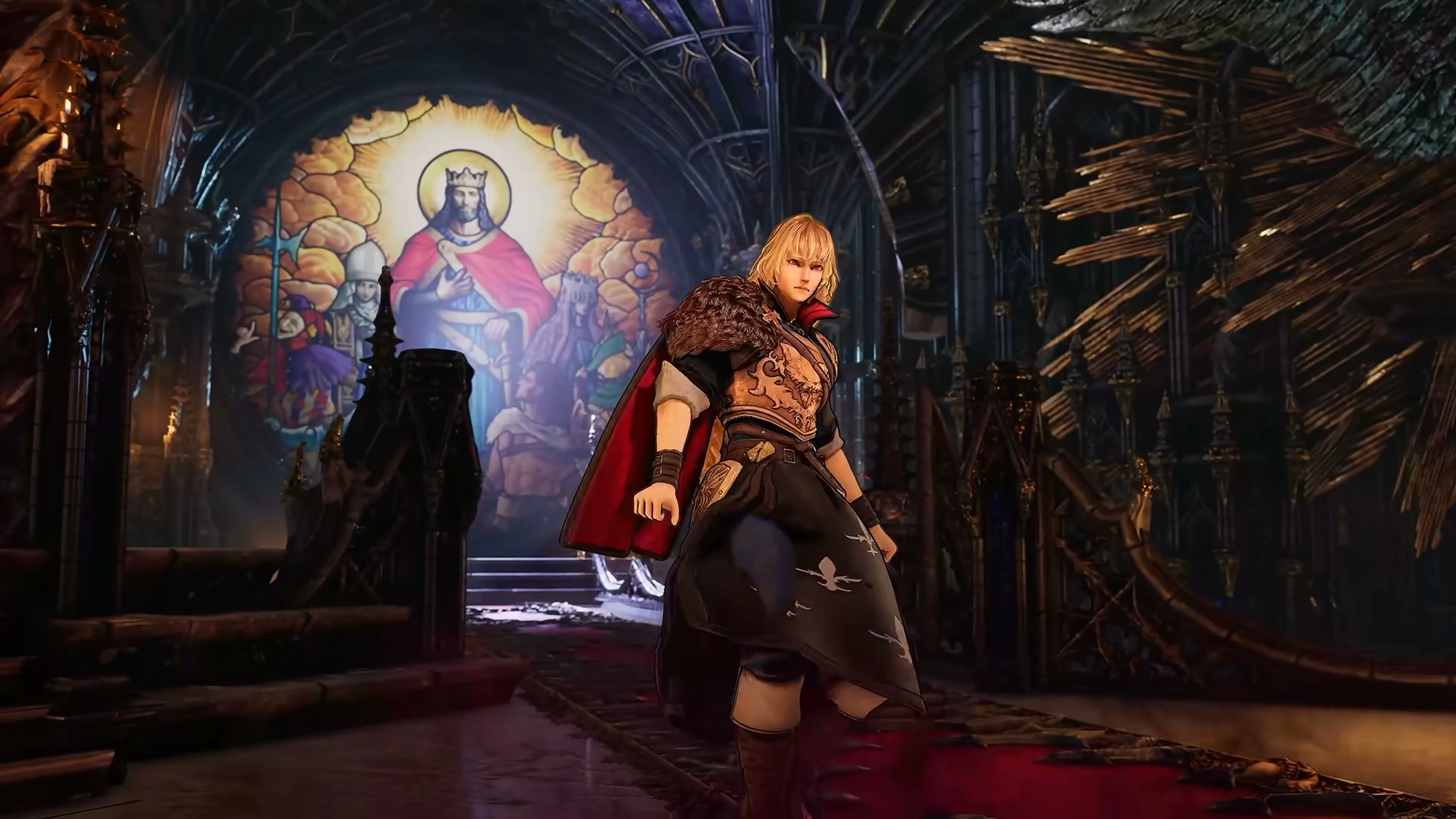 Leo stands in a stone chapel in Bloodstained: The Scarlet Engagement.