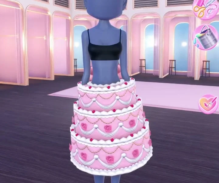Unlocked pink tiered Cake Dress worn in the DTI dressing room.