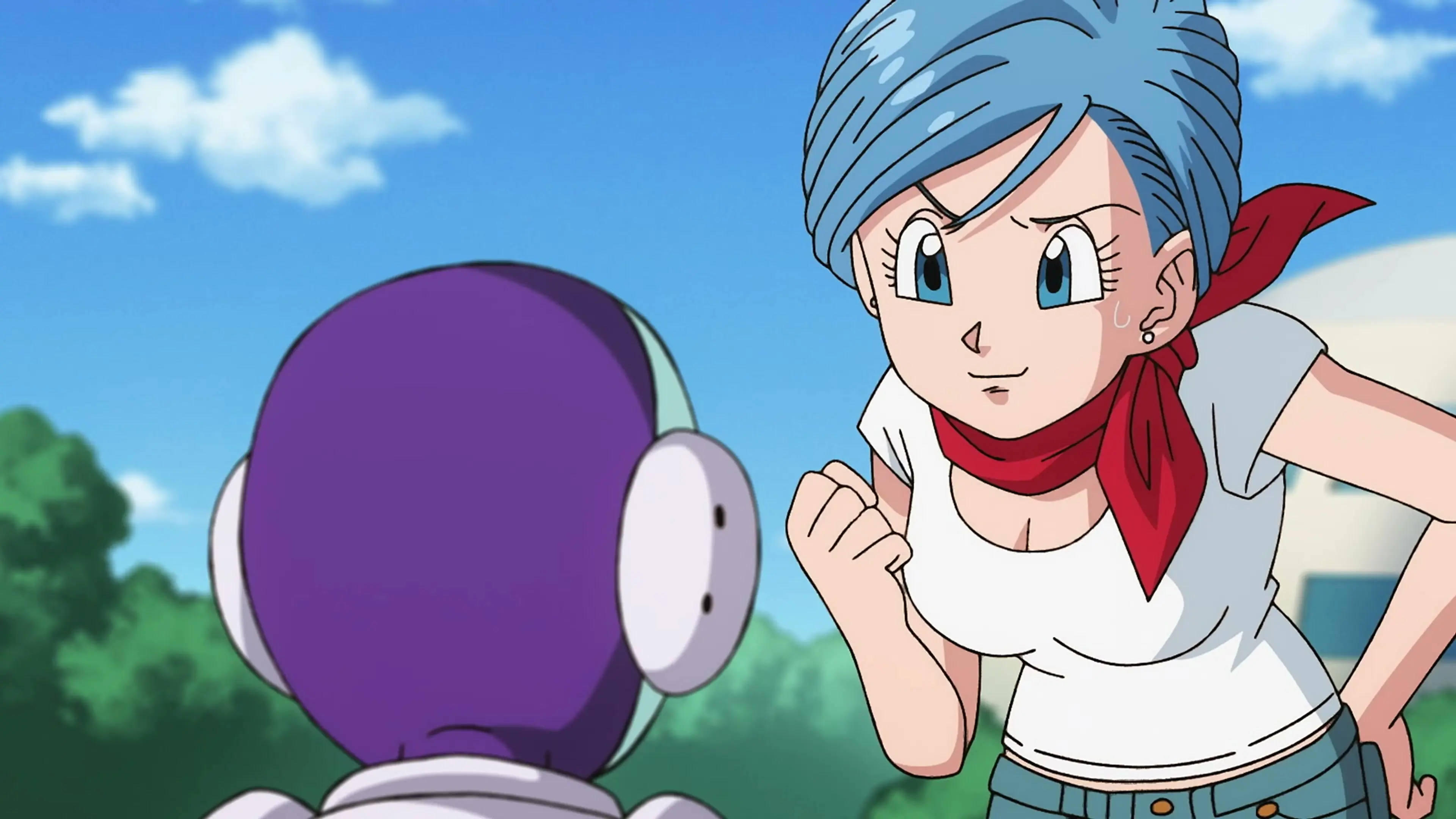 Bulma speaks beside Jaco in a brightly lit room.