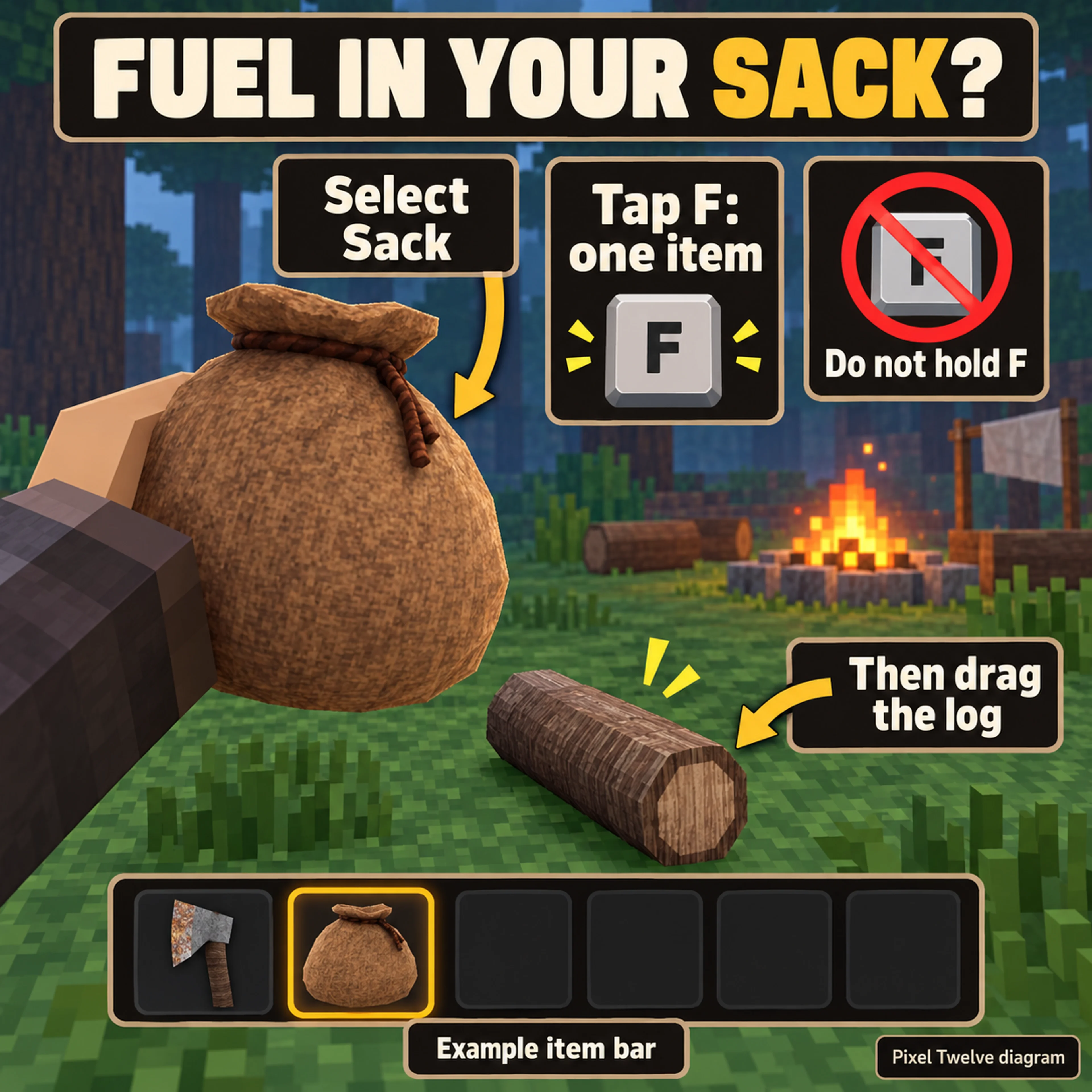 The brown Old Sack selected in an example item bar, with a tap-F instruction and one loose Log on the ground.