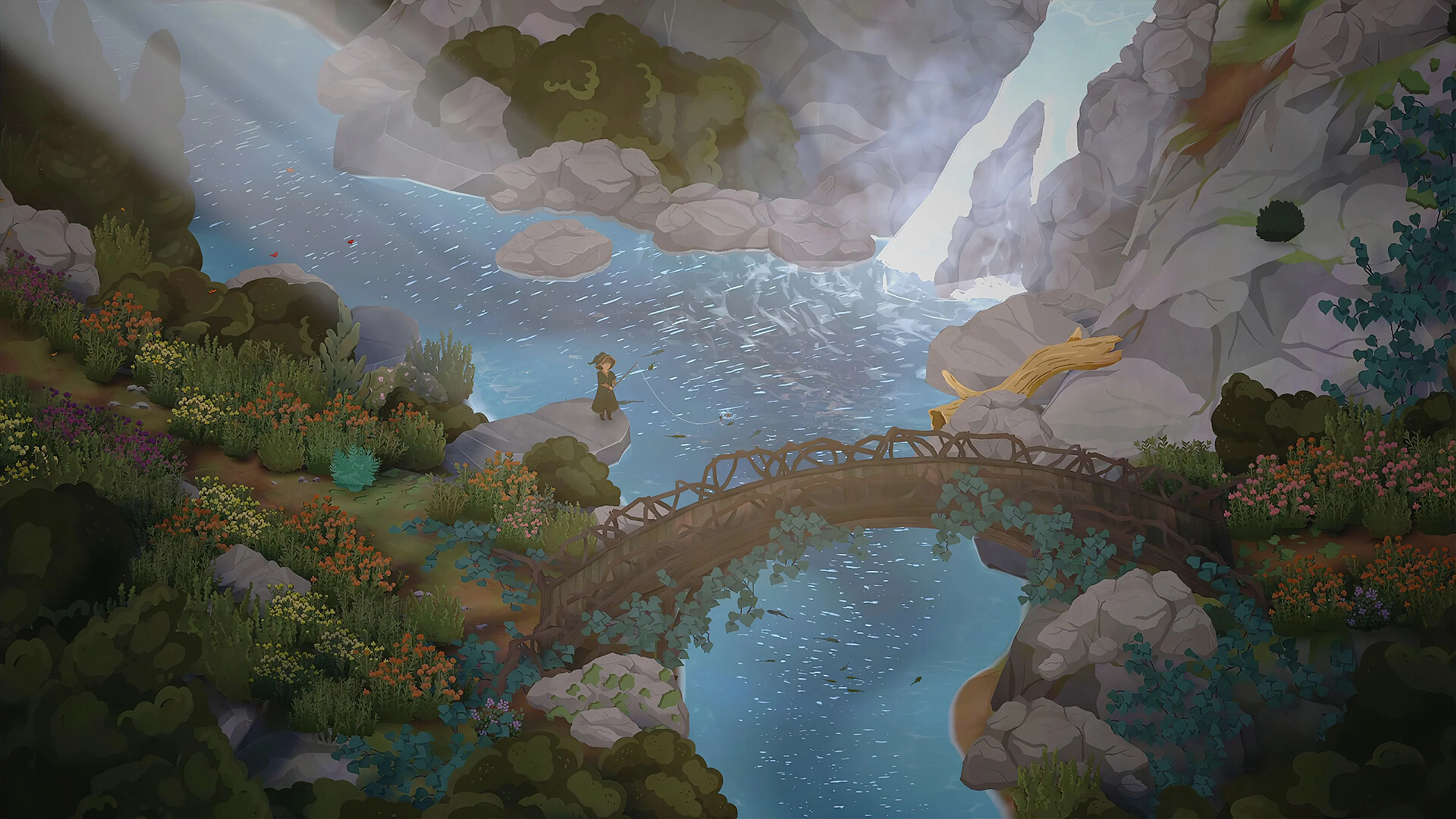 A witch crosses a bridge above a waterfall on Glimmerwick island.