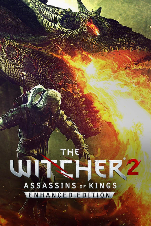 Official The Witcher 2: Assassins of Kings Enhanced Edition cover showing white-haired Geralt beside a fire-breathing creature and the native edition title.