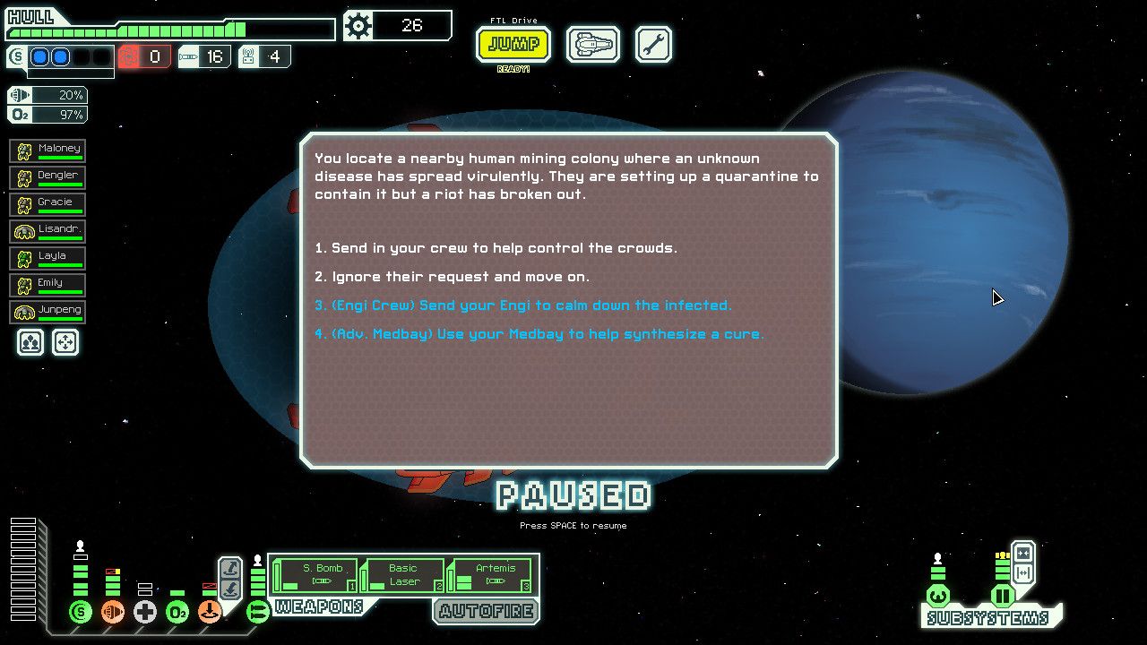 FTL text event about a mining colony offers several numbered responses over the ship screen.