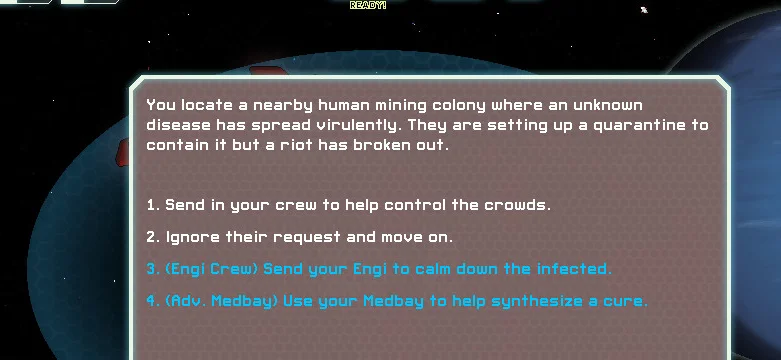 FTL event panel with numbered choices; two blue choices require Engi Crew or Advanced Medbay.