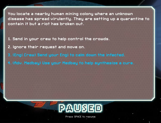 Closer view of the FTL event window with the PAUSED and Press SPACE to resume labels below it.