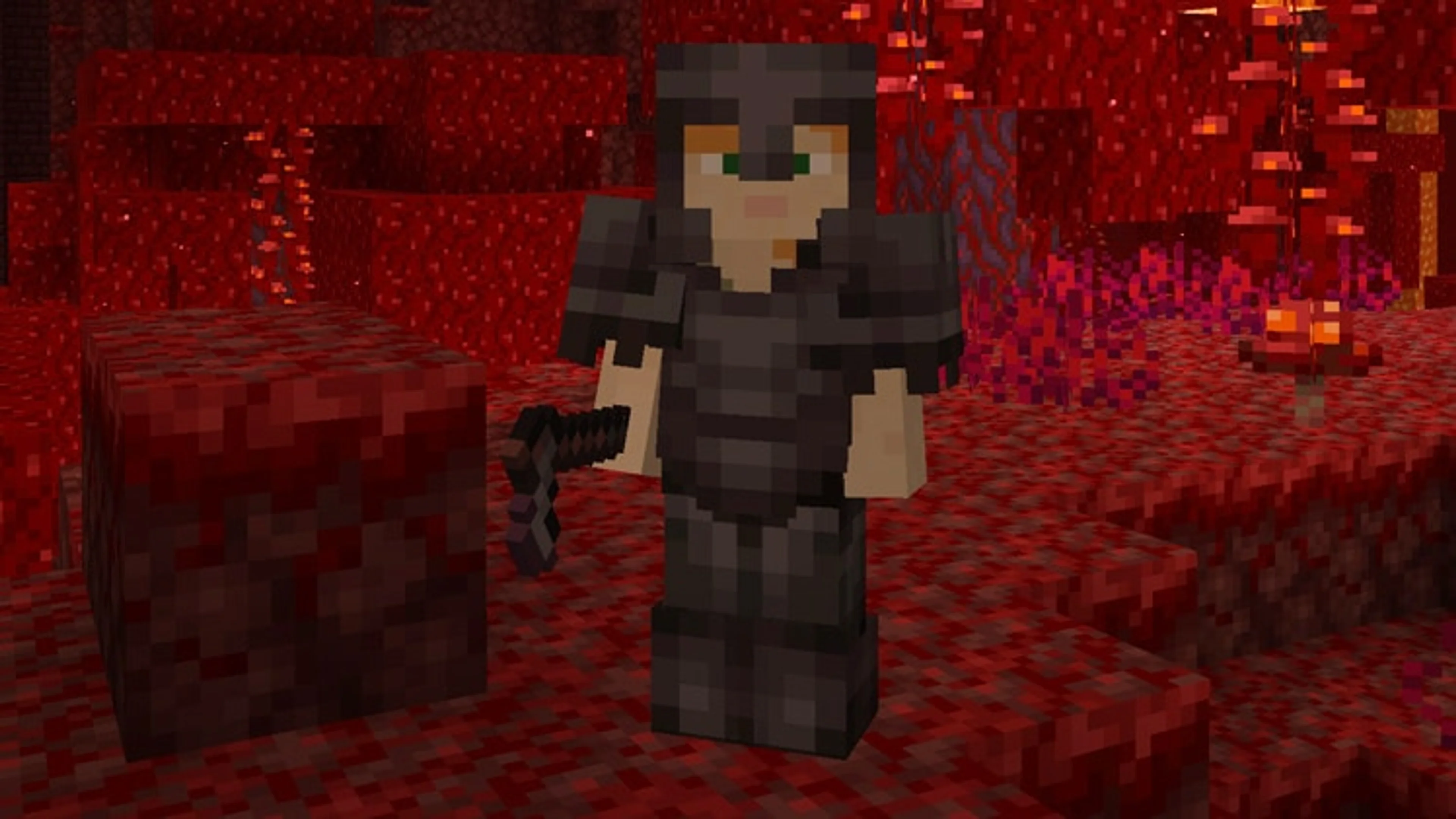 A Minecraft player wearing full Netherite armor in a crimson forest.